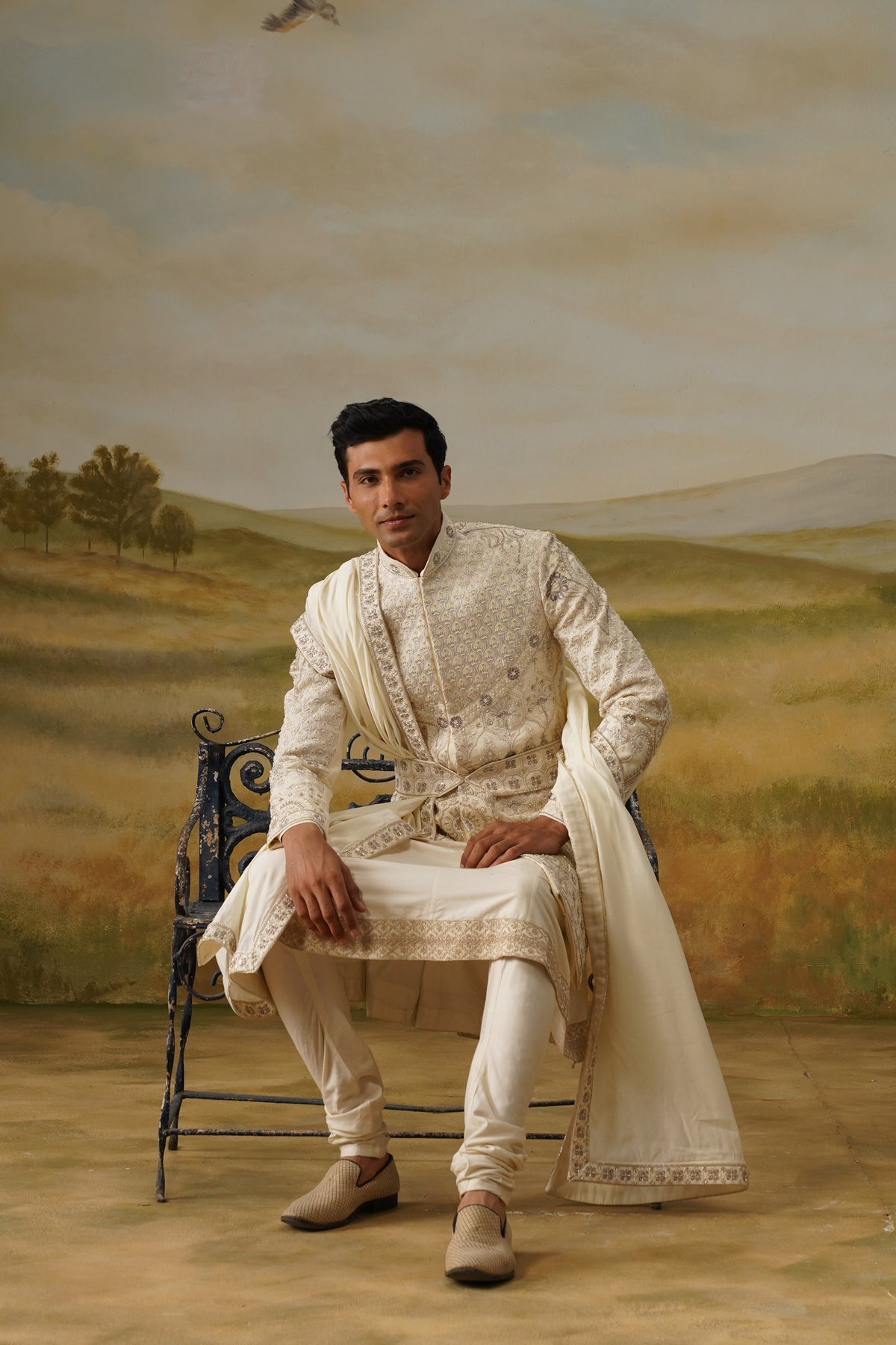 Shehnai Ivory Tilla Embroidered Sherwani Set With Dupatta