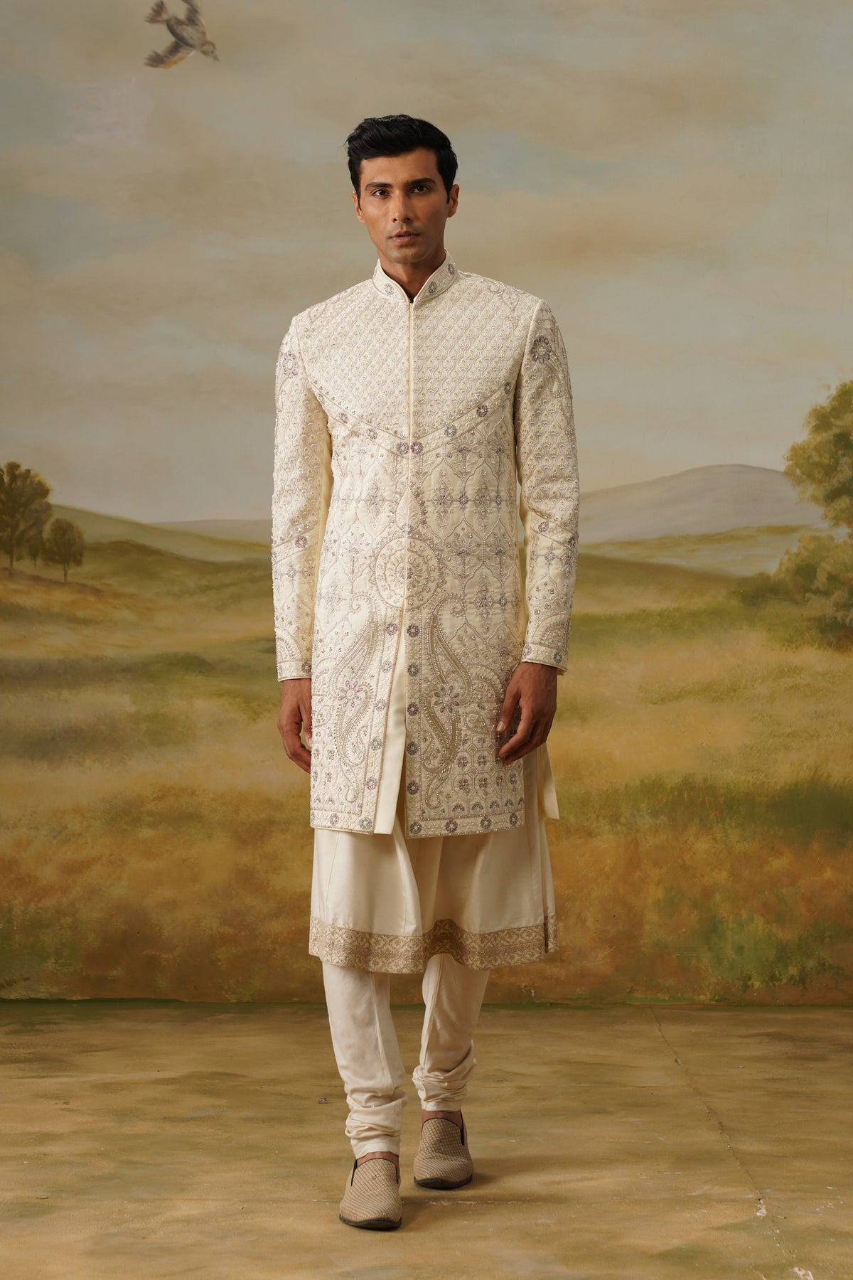 Shehnai Ivory Tilla Embroidered Sherwani Set With Dupatta