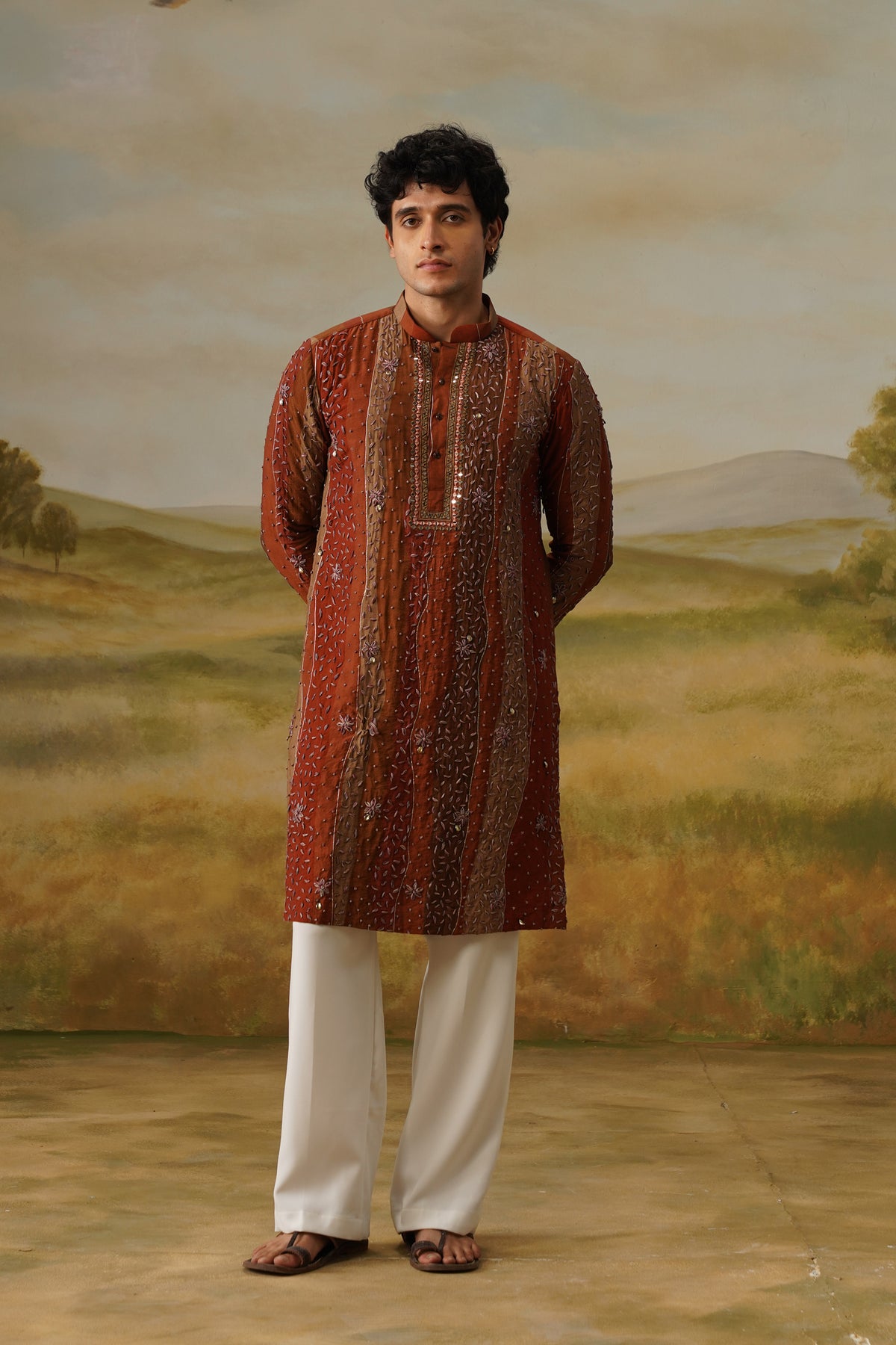 Gerua Rust Hand Dhagai Work Kurta Set