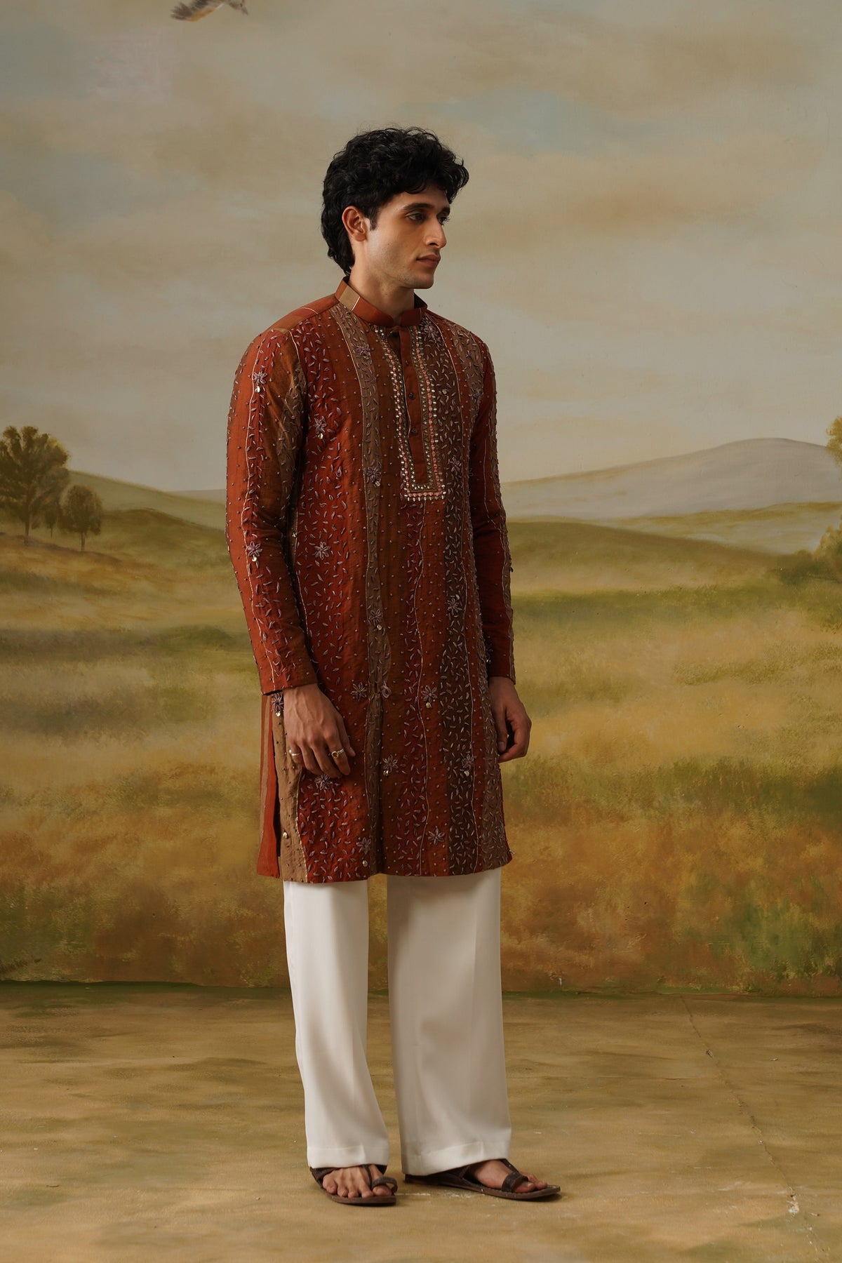 Gerua Rust Hand Dhagai Work Kurta Set