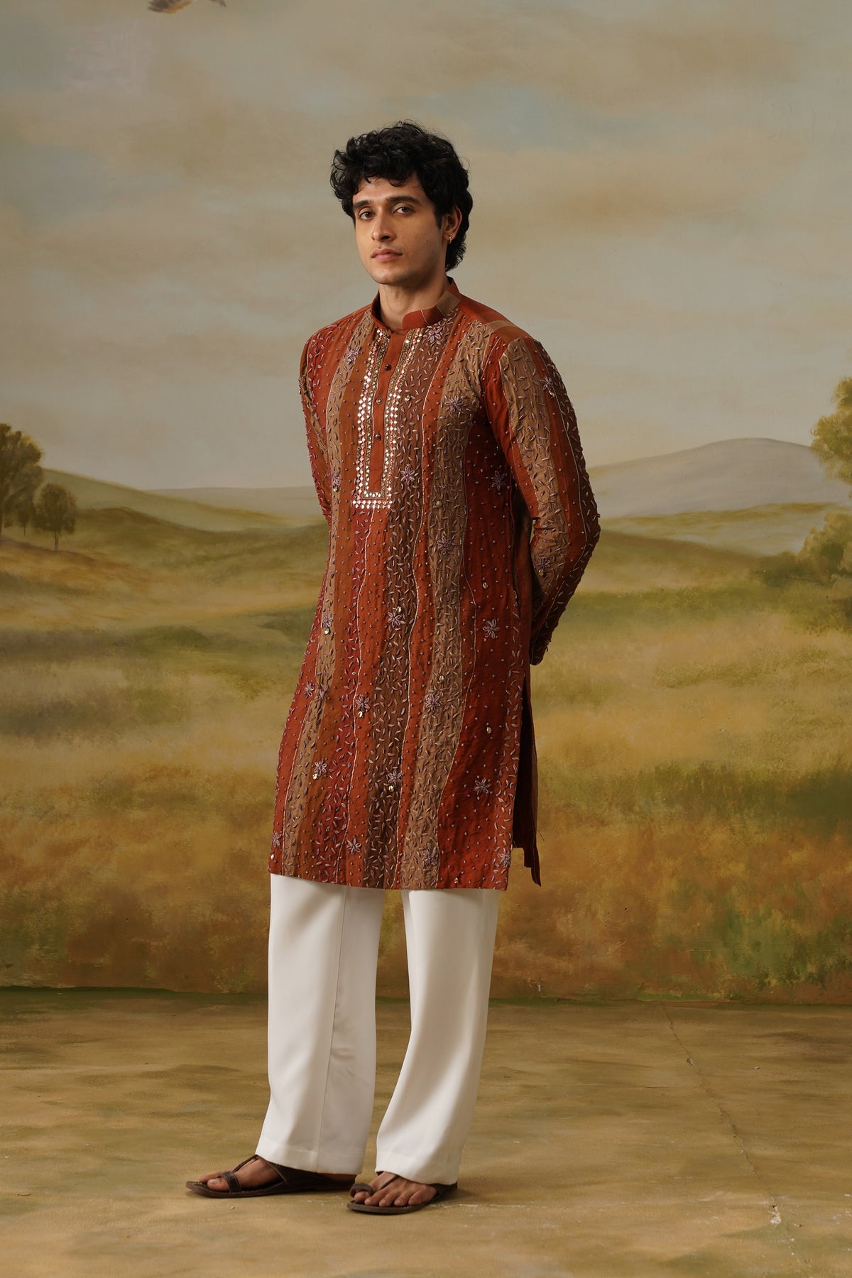Gerua Rust Hand Dhagai Work Kurta Set