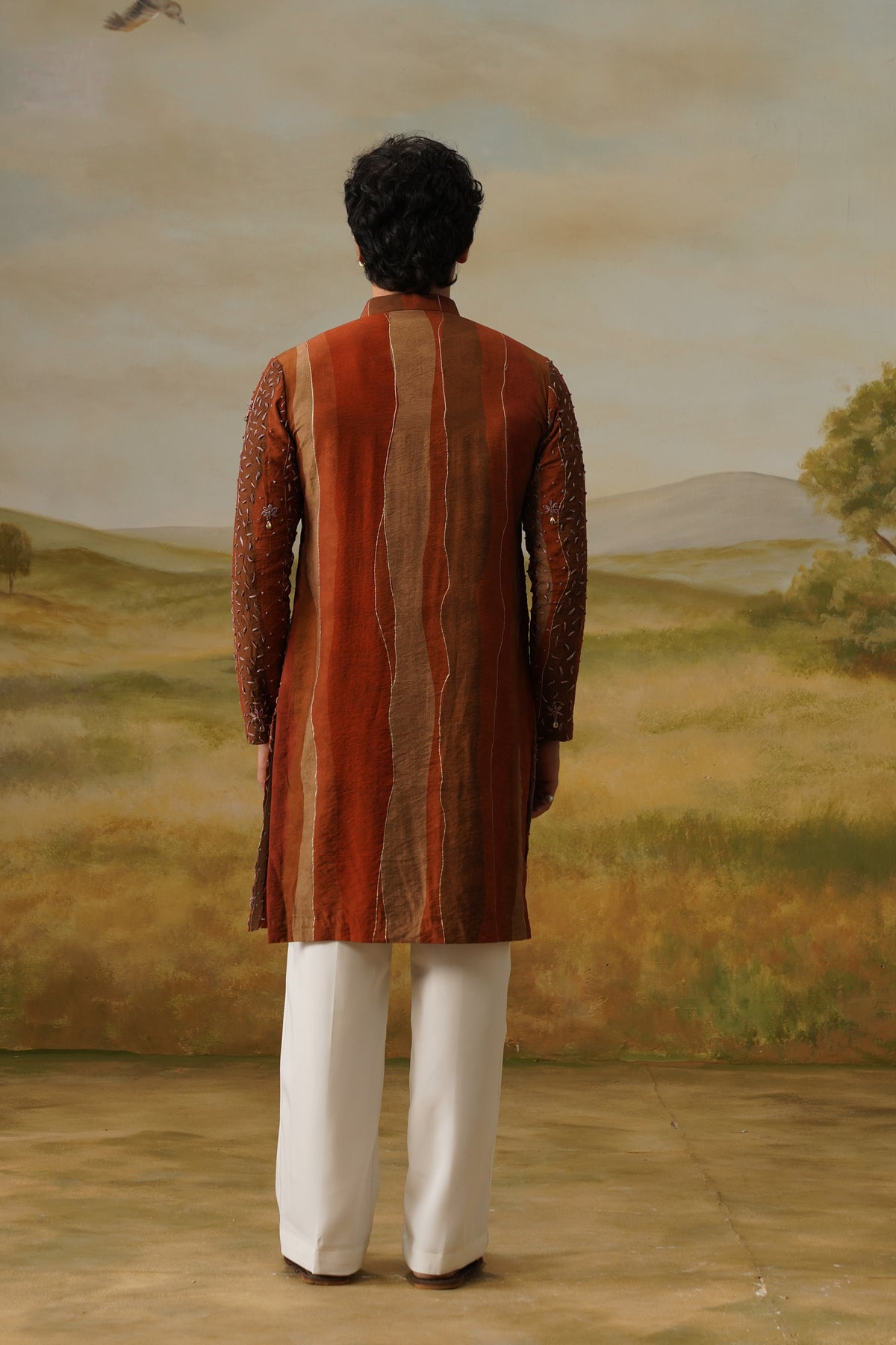 Gerua Rust Hand Dhagai Work Kurta Set