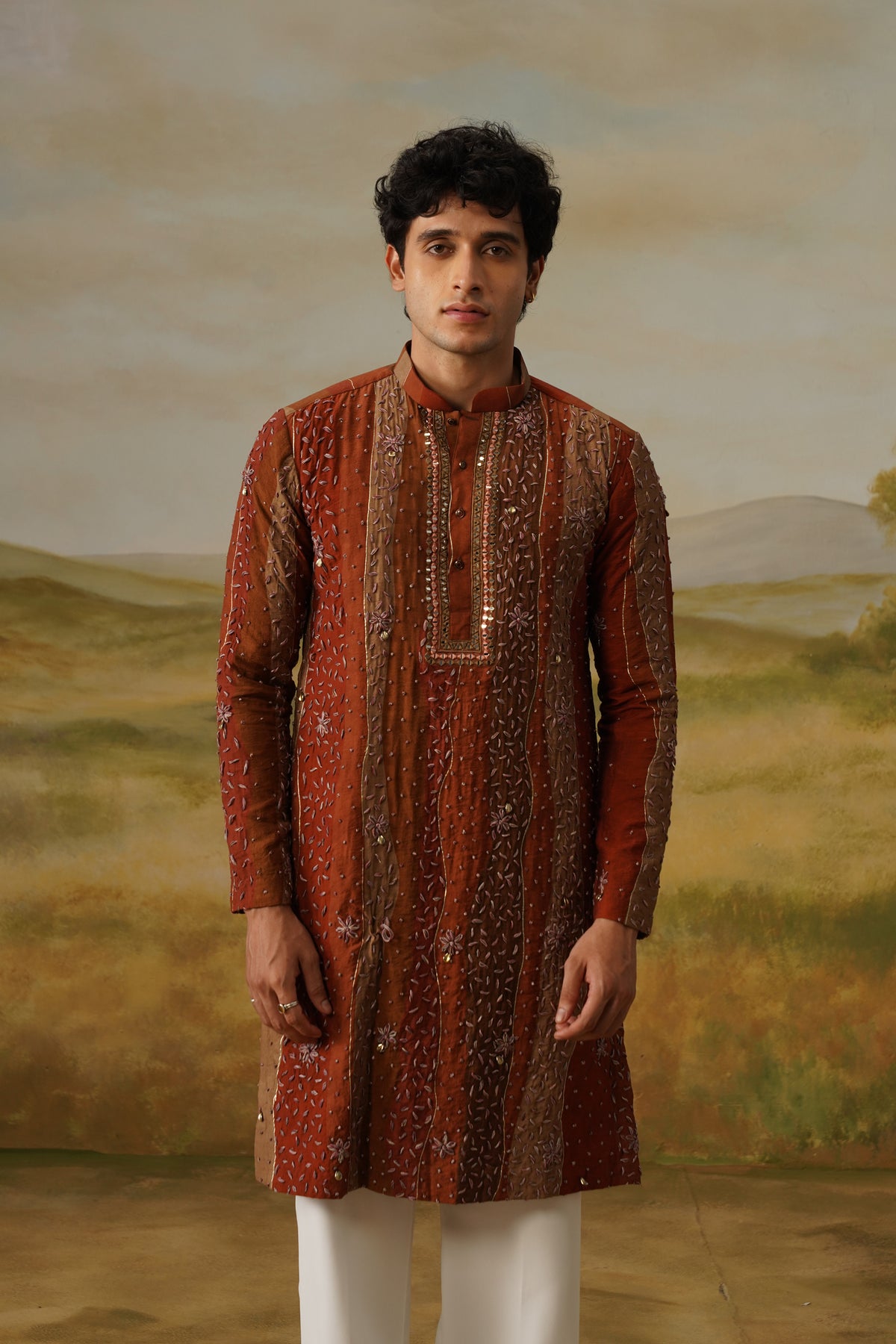 Gerua Rust Hand Dhagai Work Kurta Set