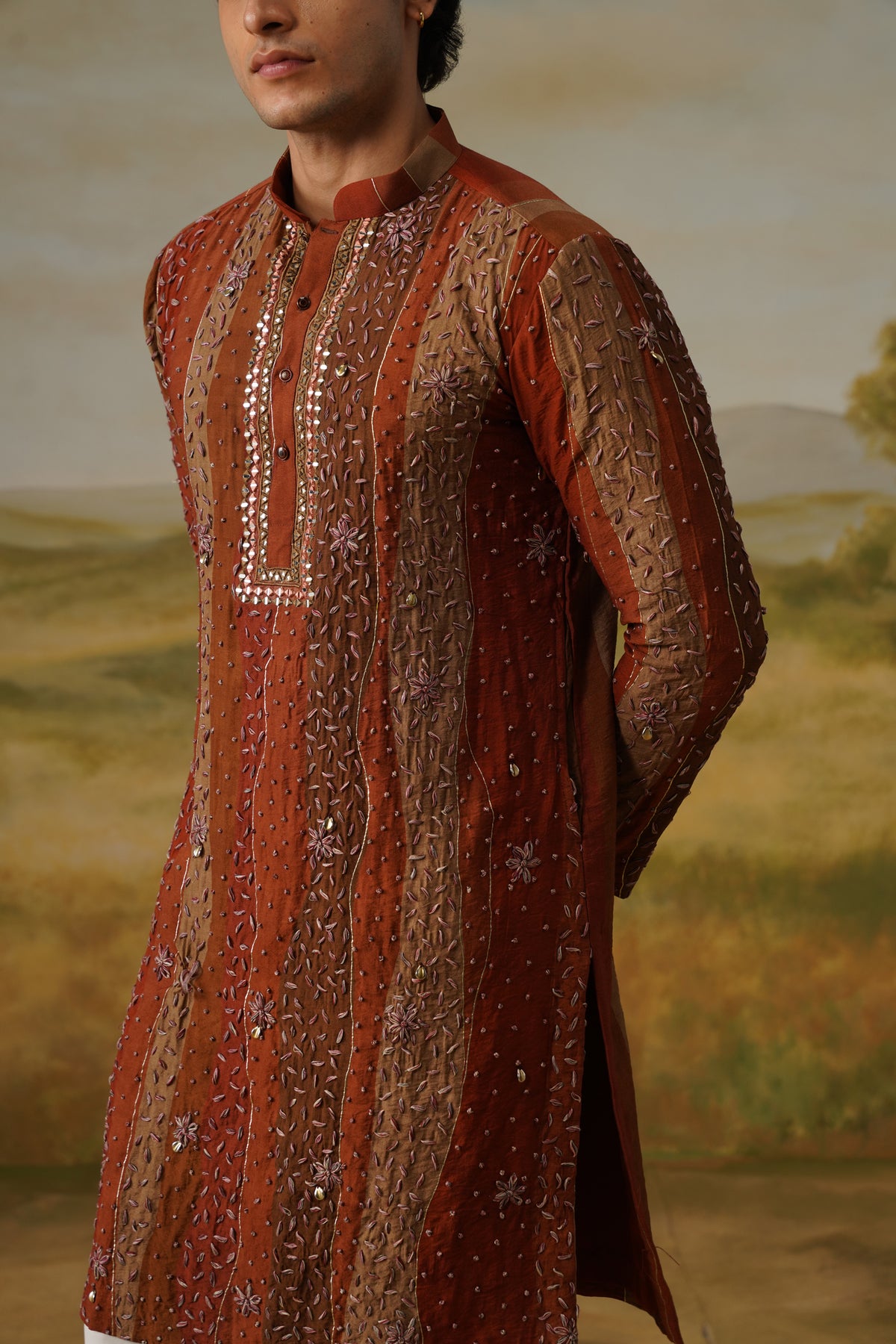 Gerua Rust Hand Dhagai Work Kurta Set