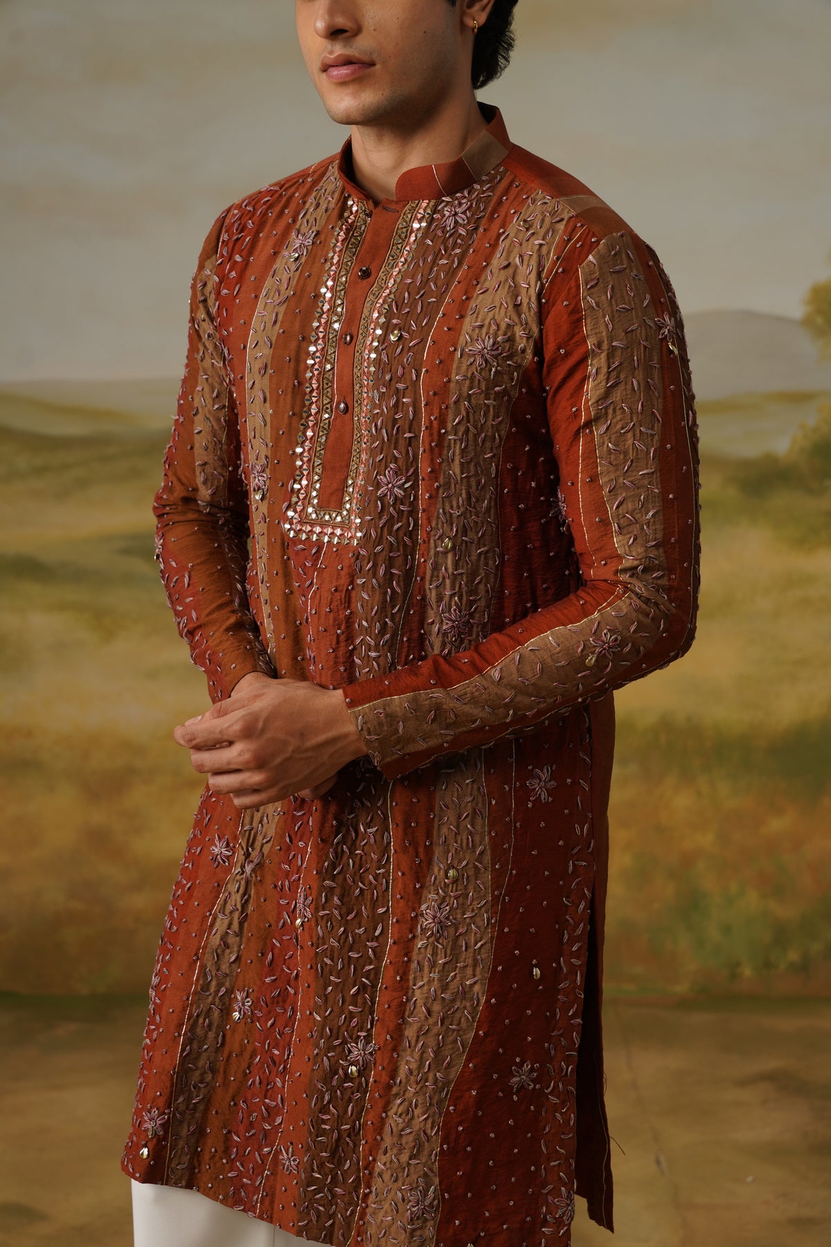Gerua Rust Hand Dhagai Work Kurta Set