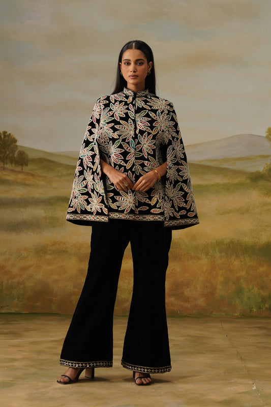 Naqqash Black Velvet Bead Embroidered Cape