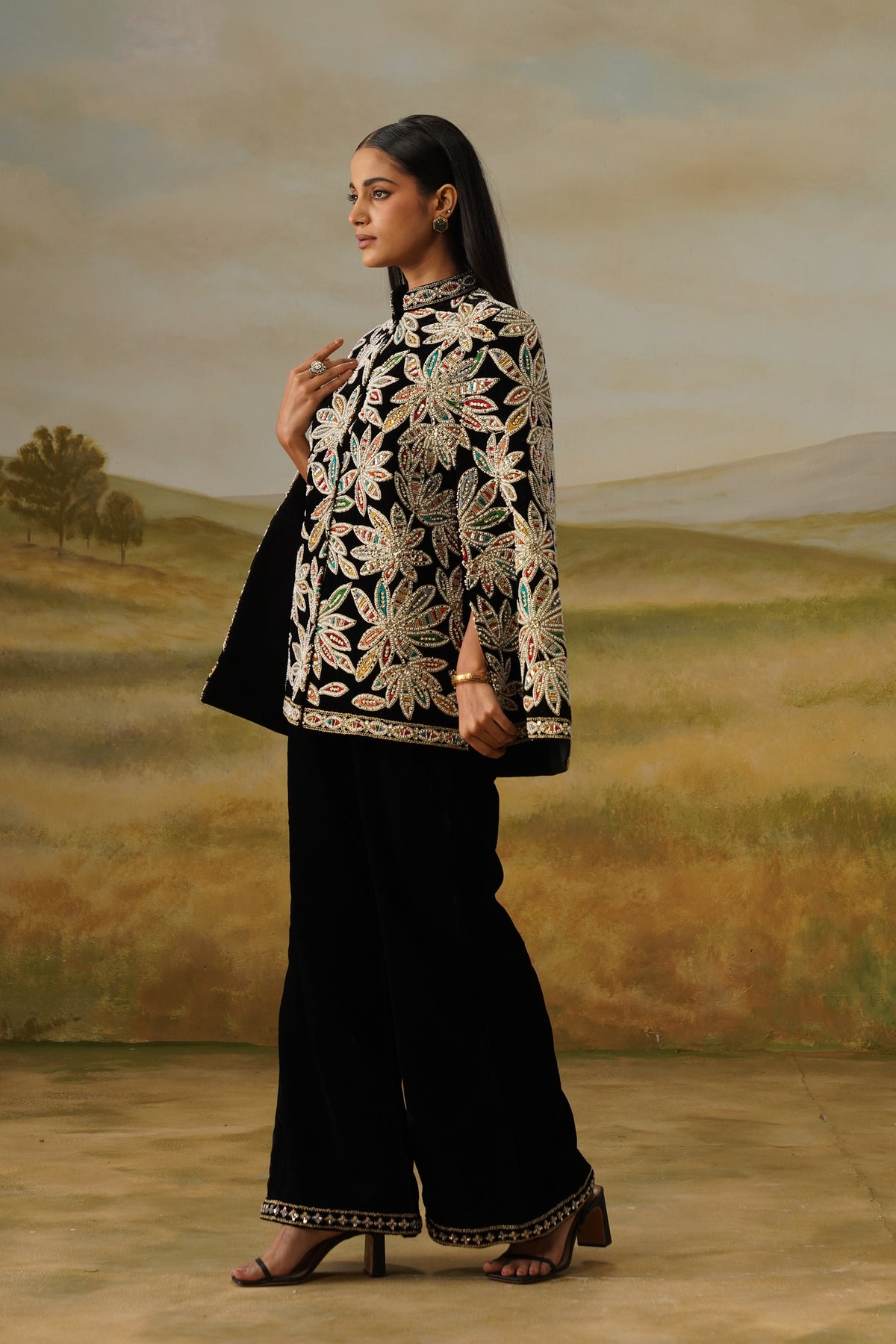 Naqqash Black Velvet Bead Embroidered Cape