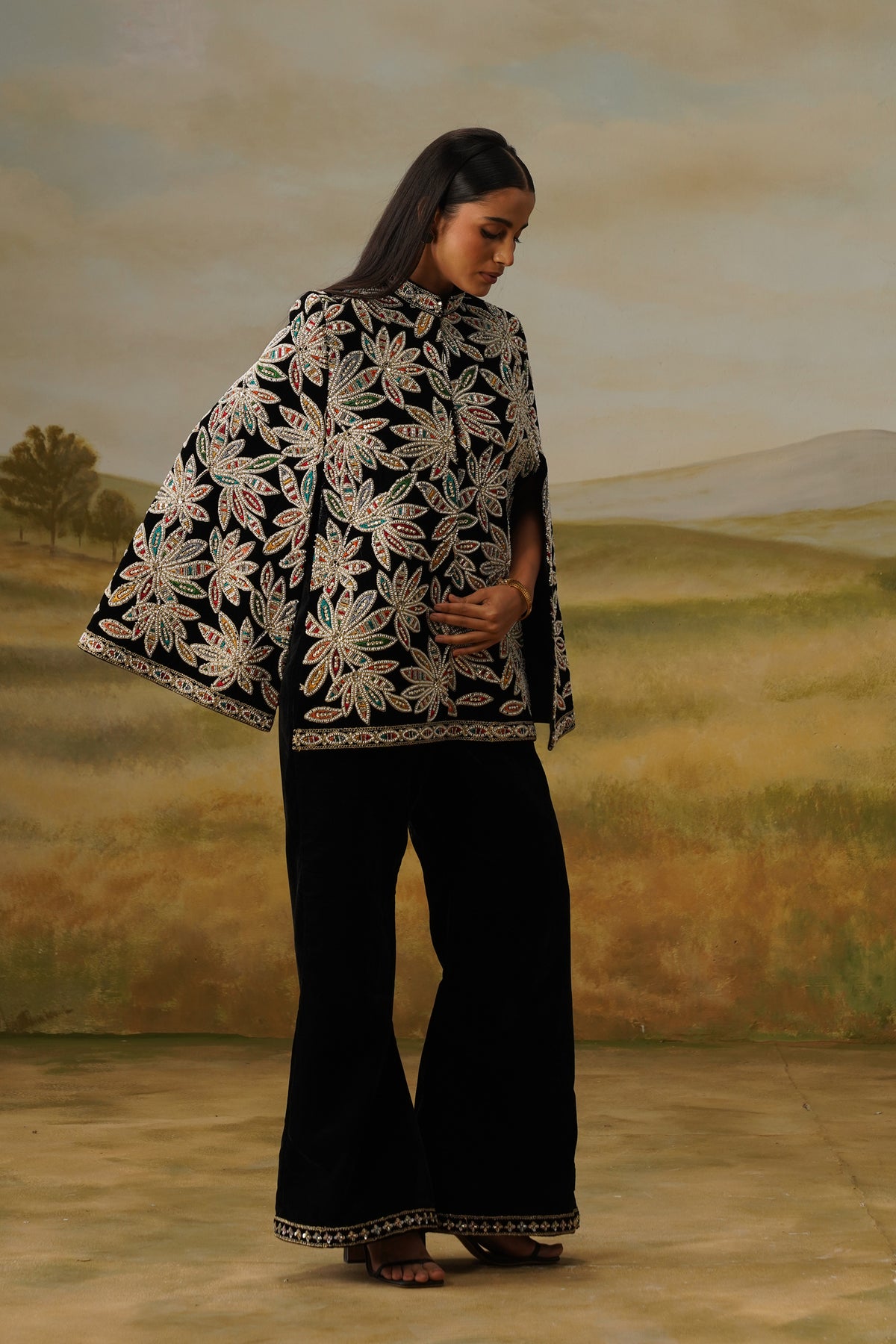 Naqqash Black Velvet Bead Embroidered Cape