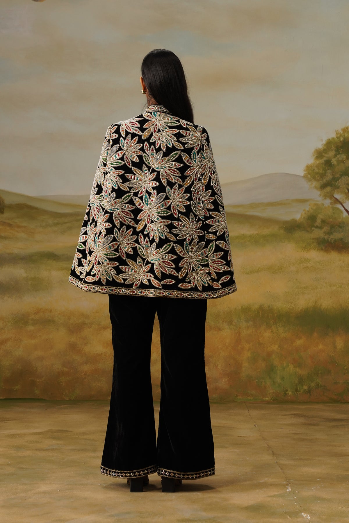 Naqqash Black Velvet Bead Embroidered Cape
