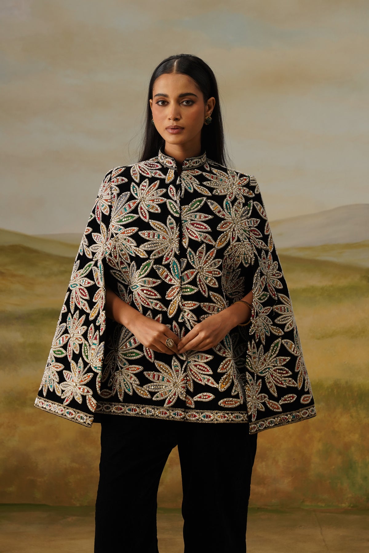 Naqqash Black Velvet Bead Embroidered Cape