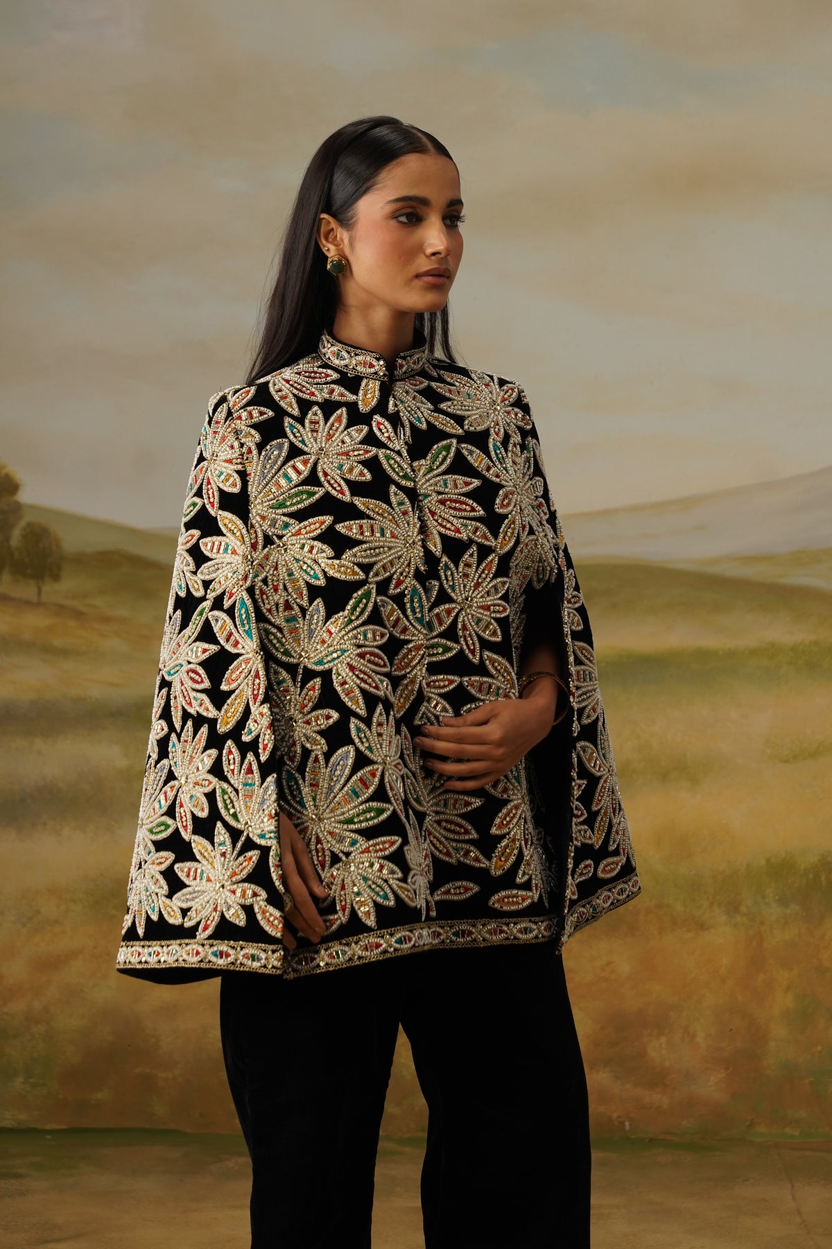 Naqqash Black Velvet Bead Embroidered Cape