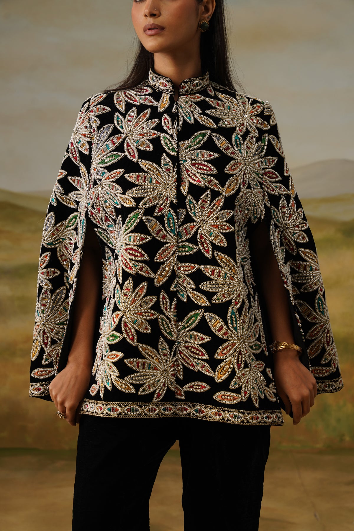 Naqqash Black Velvet Bead Embroidered Cape