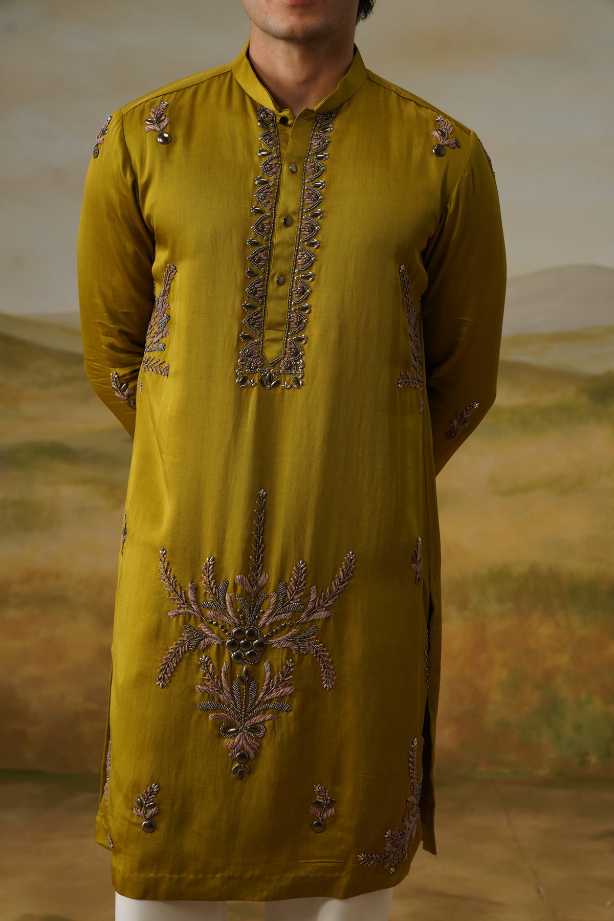 Hariyali Olive Metallic Handwork Kurta Set