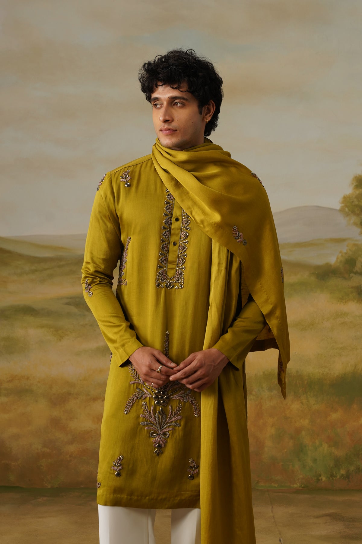 Hariyali Olive Metallic Handwork Kurta Set