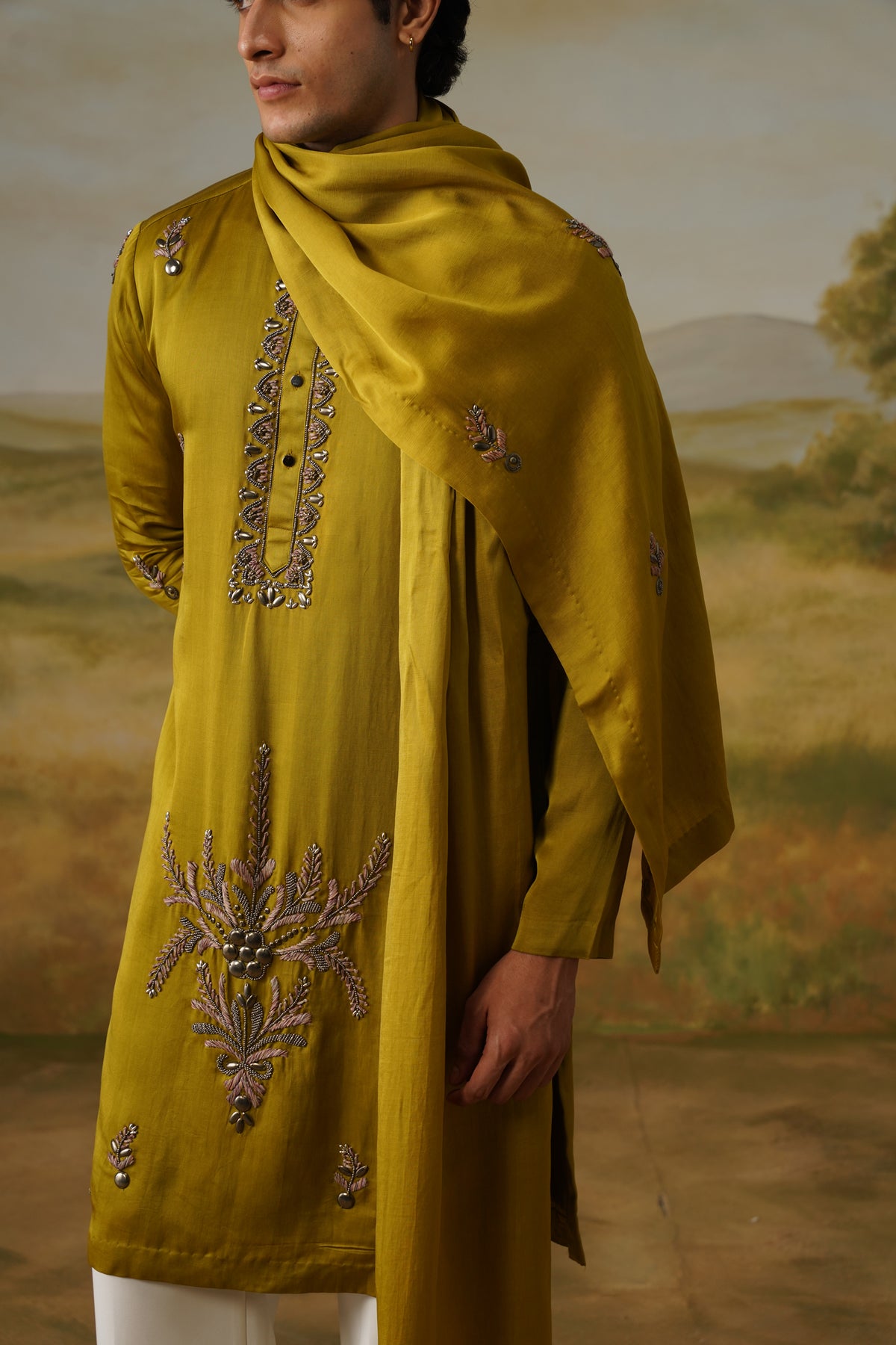 Hariyali Olive Metallic Handwork Kurta Set