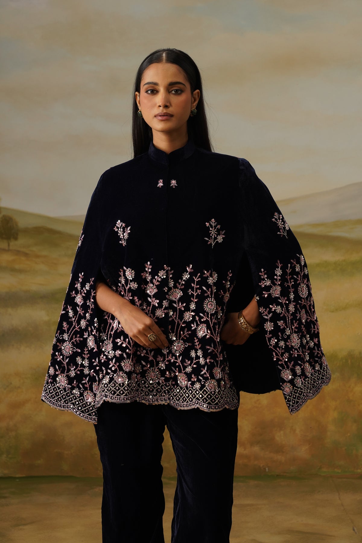 Nilofar Navy Velvet Sequin Embroidered Cape