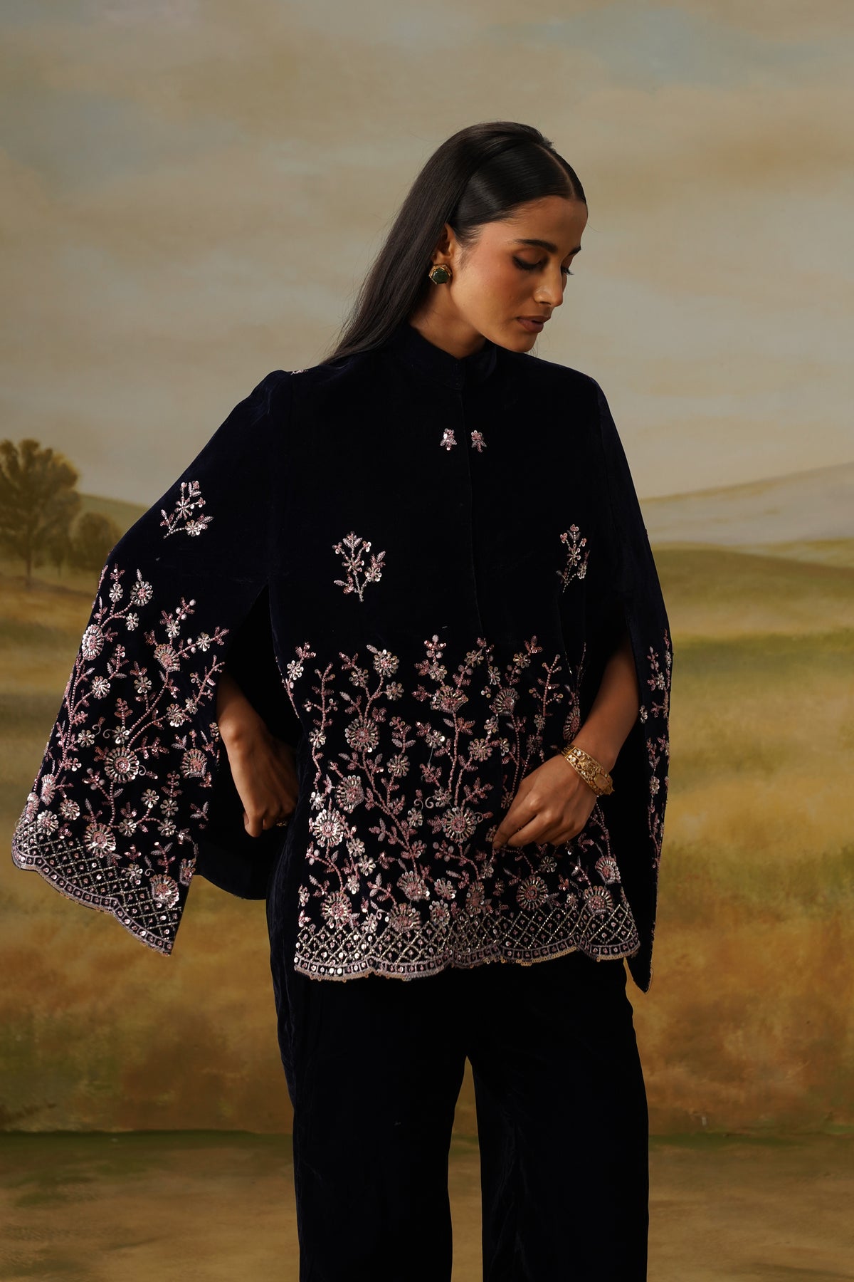 Nilofar Navy Velvet Sequin Embroidered Cape