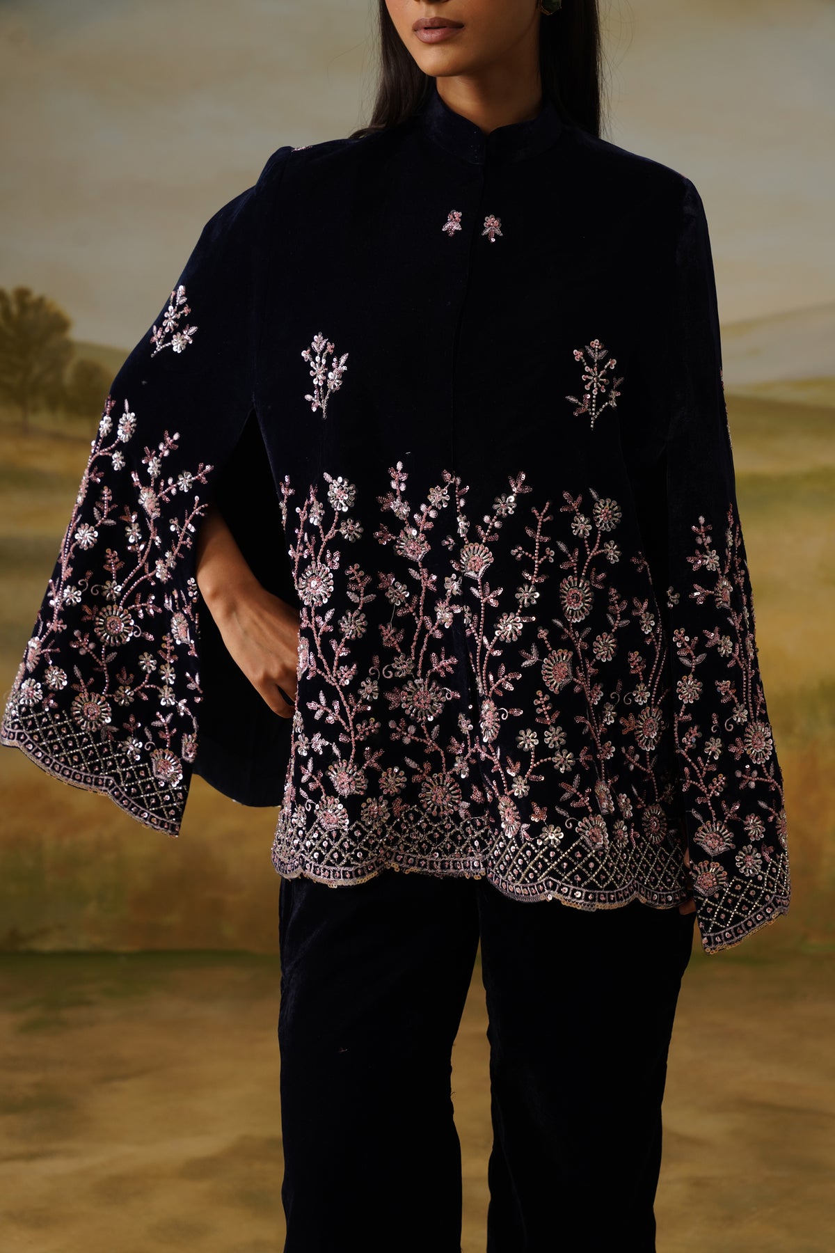 Nilofar Navy Velvet Sequin Embroidered Cape