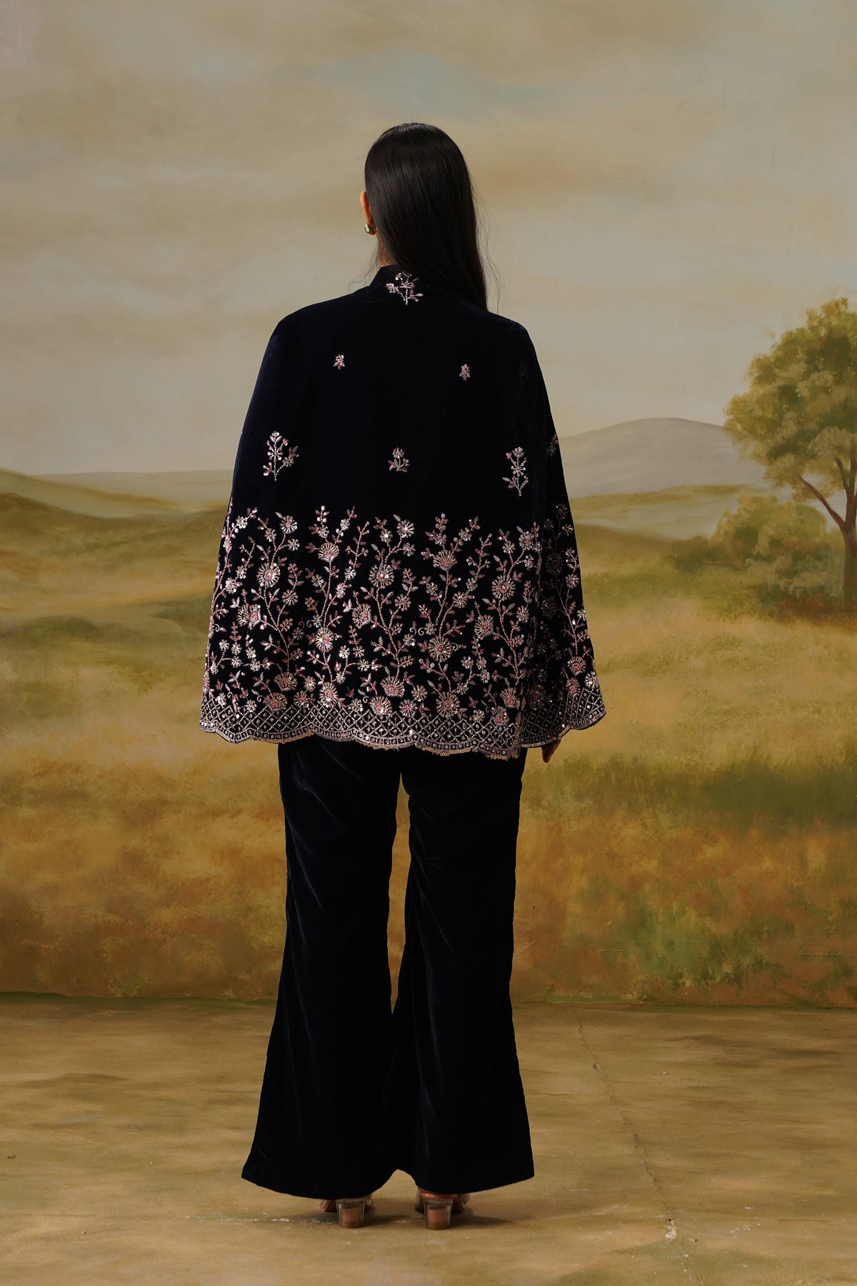 Nilofar Navy Velvet Sequin Embroidered Cape