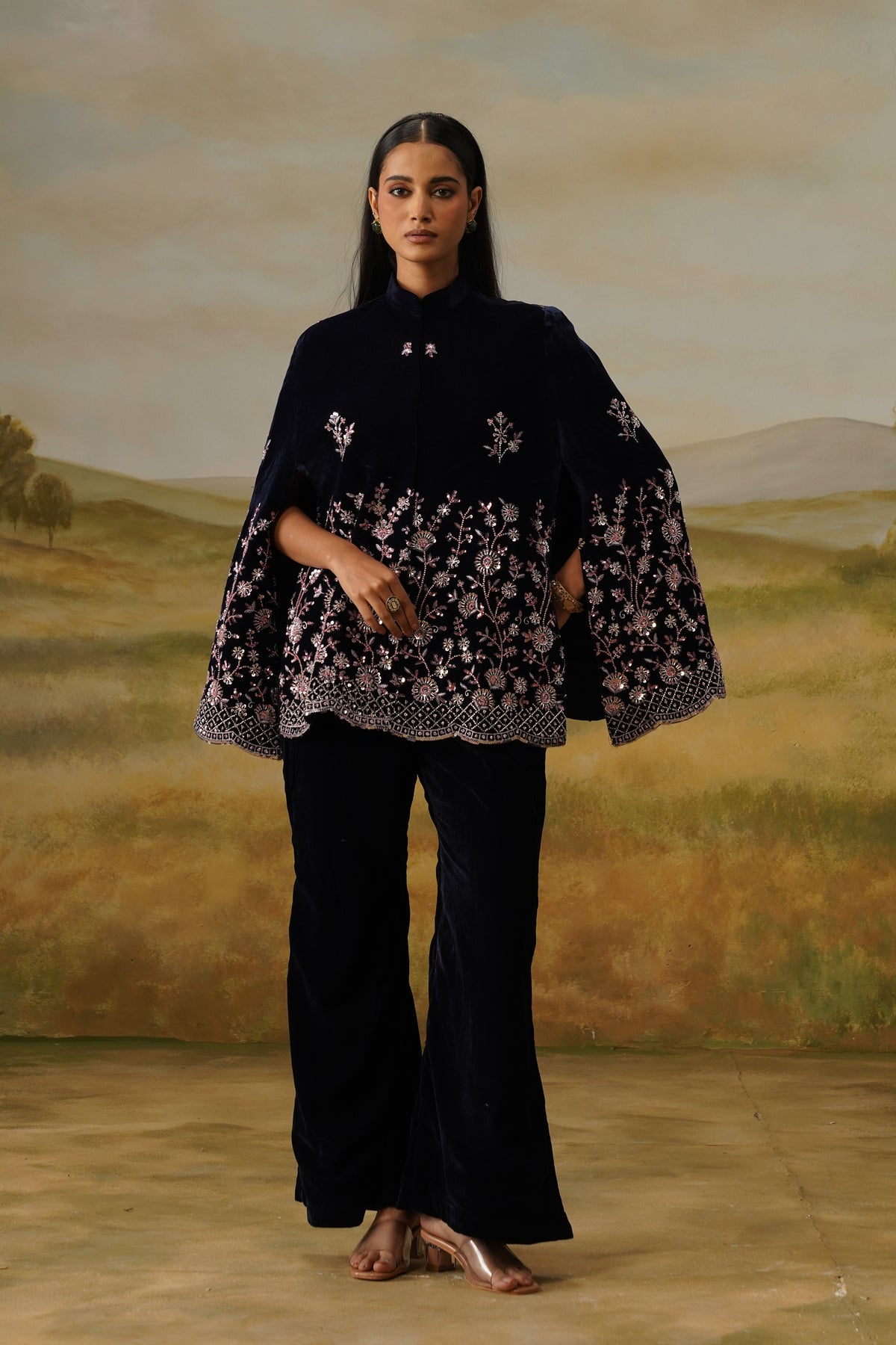 Nilofar Navy Velvet Sequin Embroidered Cape