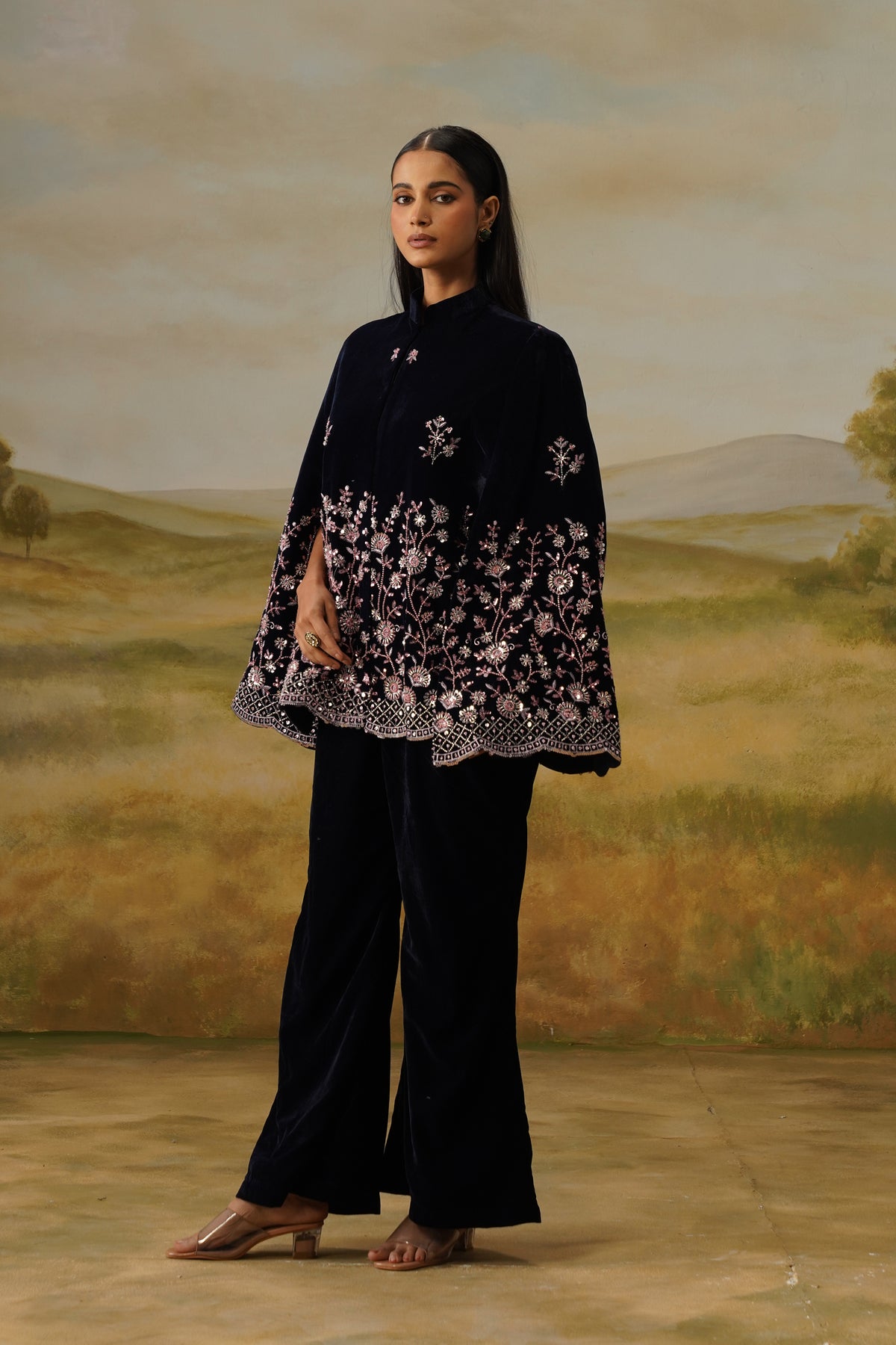 Nilofar Navy Velvet Sequin Embroidered Cape