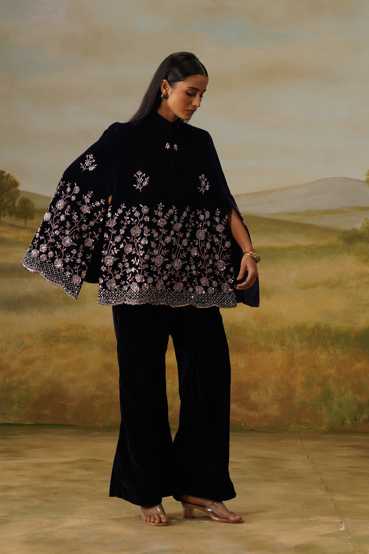 Nilofar Navy Velvet Sequin Embroidered Cape