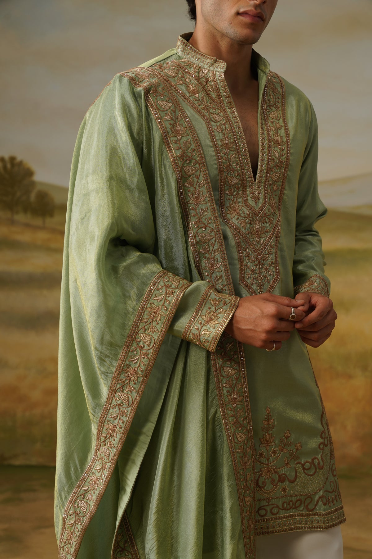 Zamurrad Sage Kashida Embroidered Kurta Set With Dupatta