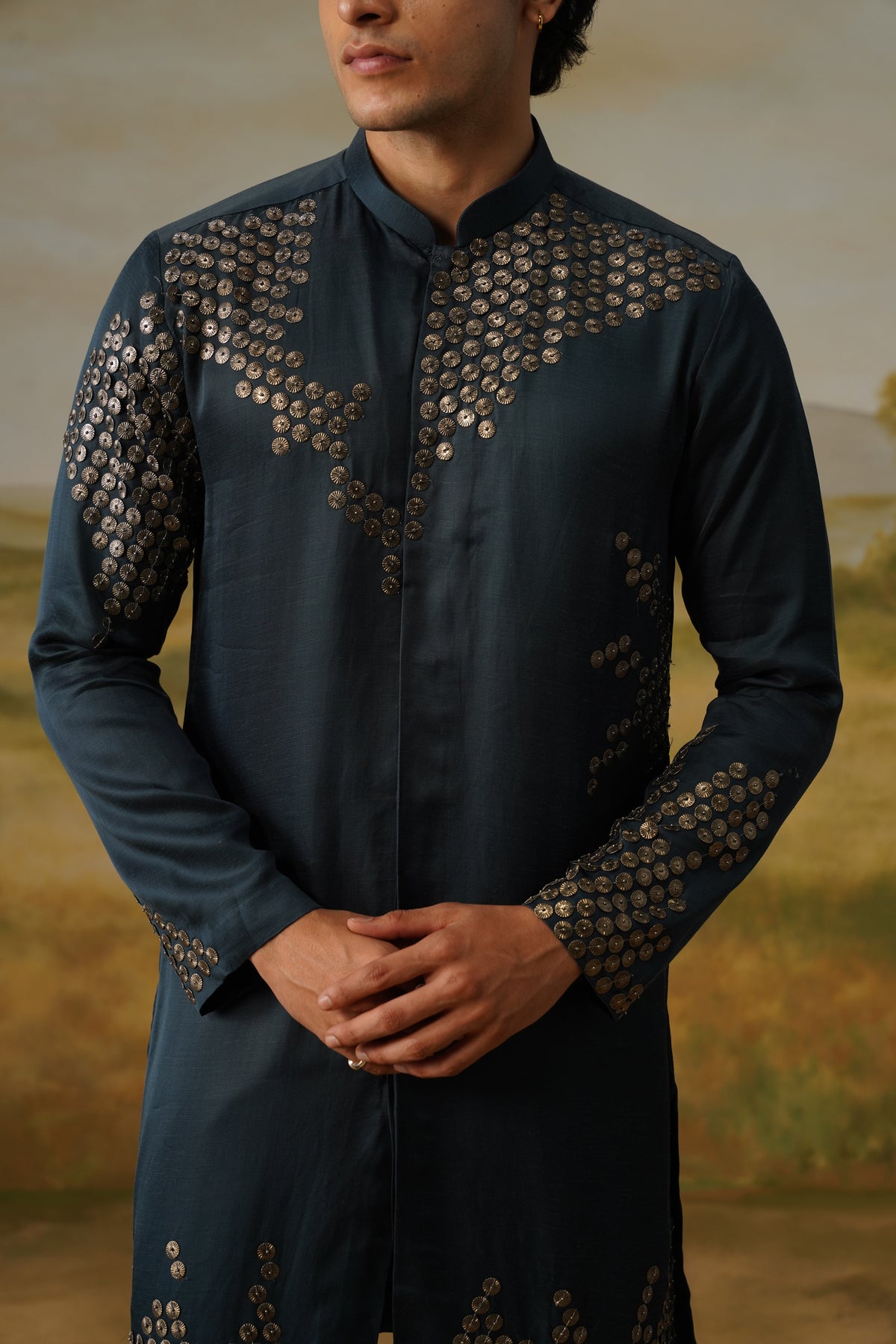 Sikka Teal Coin Metal Work Kurta Set With Dupatta