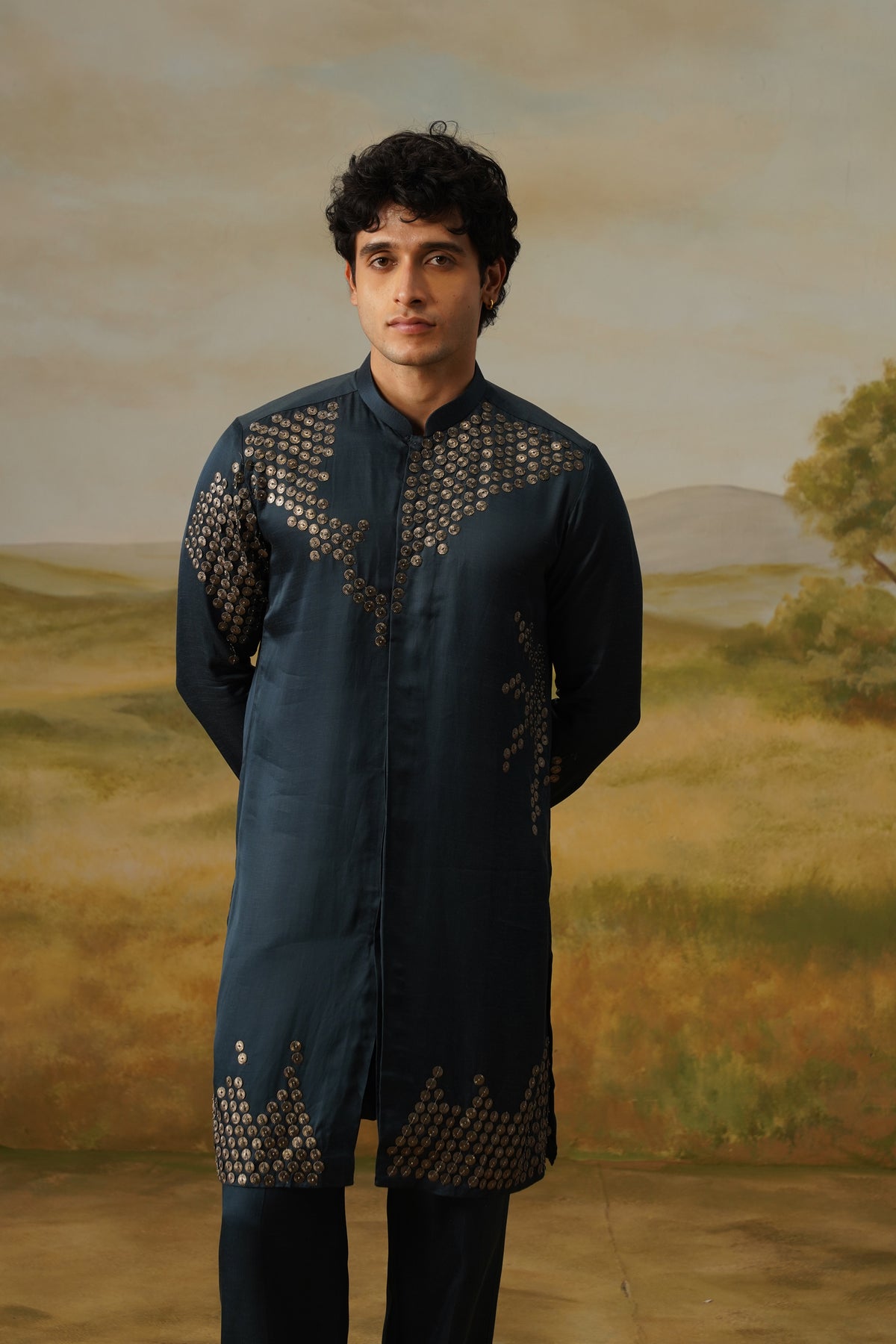 Sikka Teal Coin Metal Work Kurta Set With Dupatta