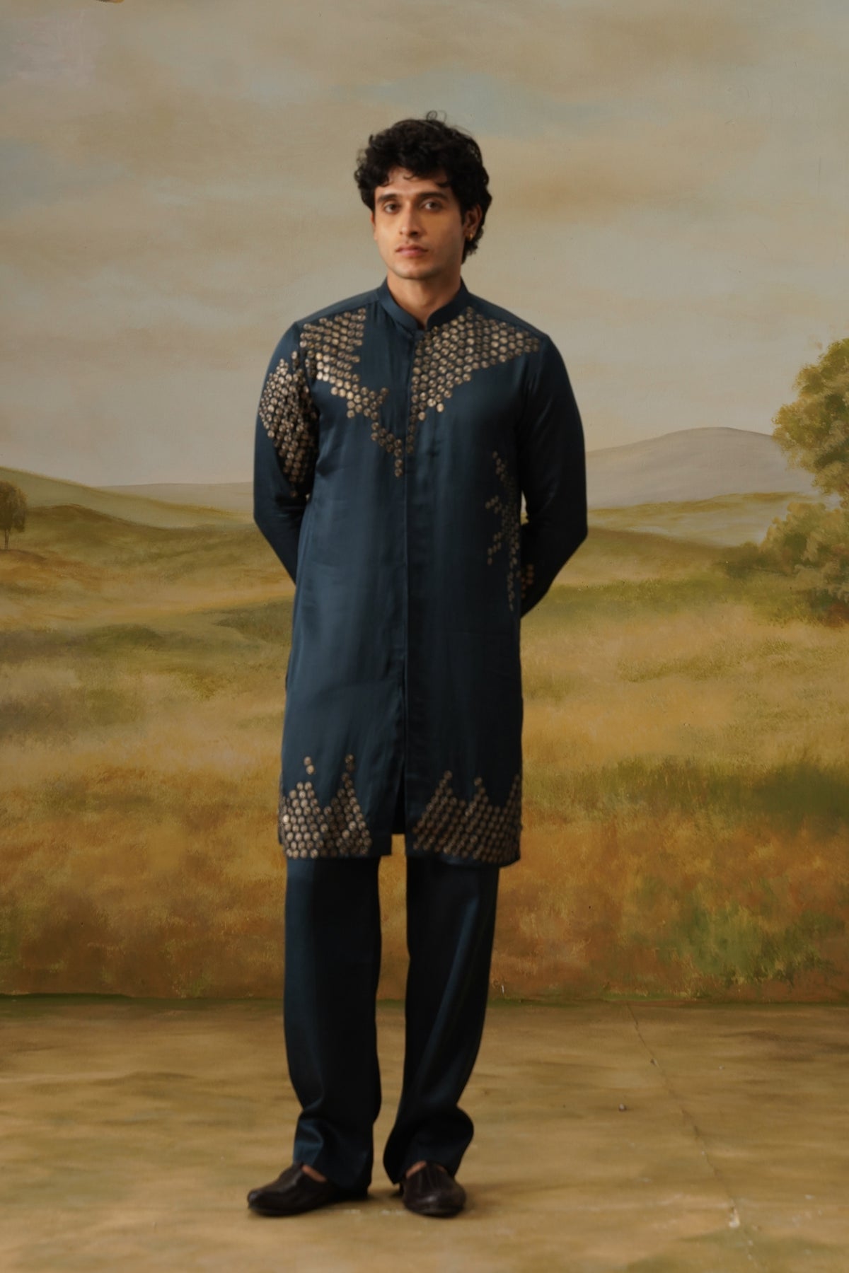 Sikka Teal Coin Metal Work Kurta Set With Dupatta