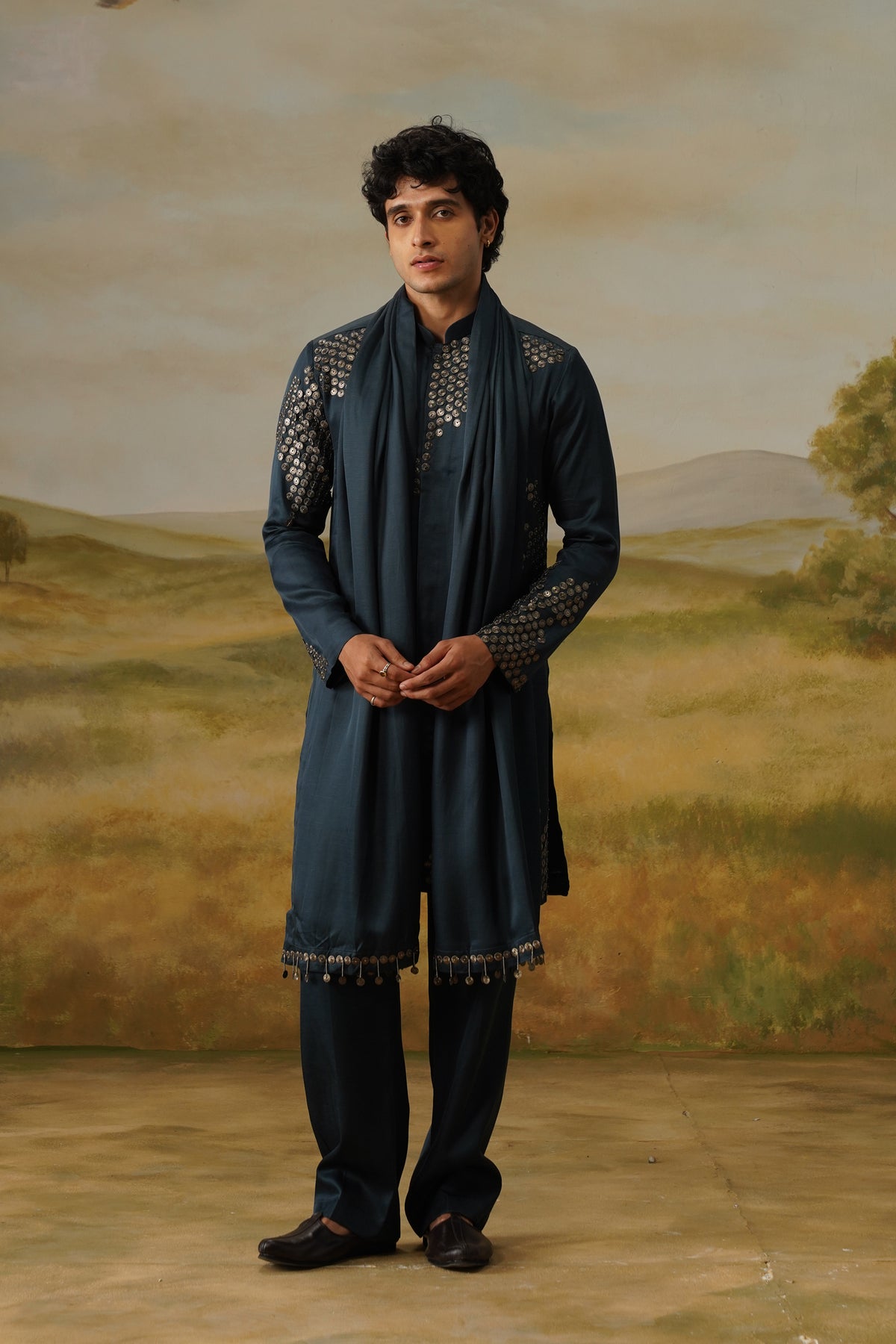 Sikka Teal Coin Metal Work Kurta Set With Dupatta