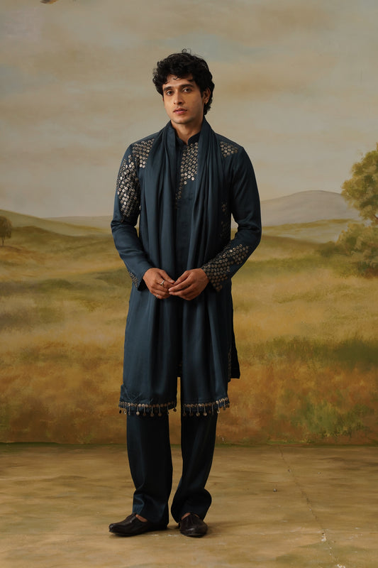 Sikka Teal Coin Metal Work Kurta Set With Dupatta