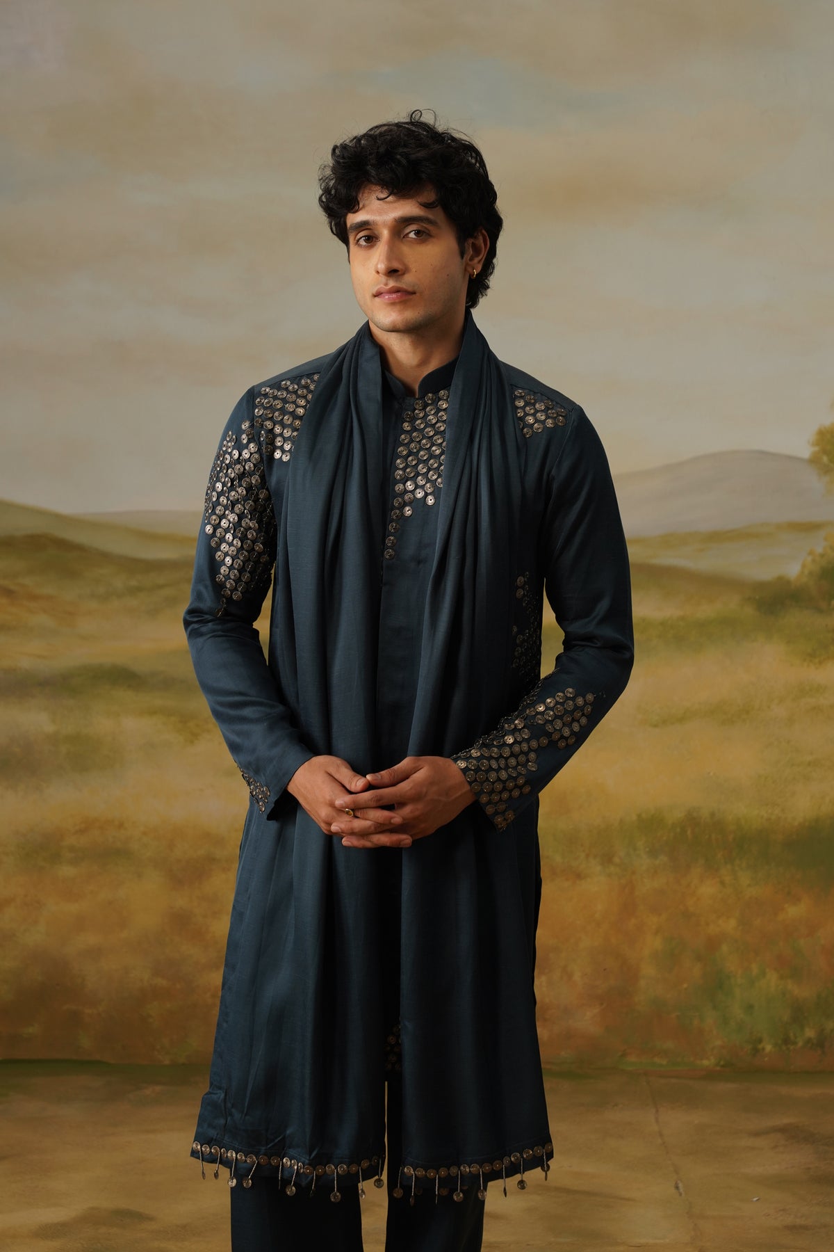 Sikka Teal Coin Metal Work Kurta Set With Dupatta