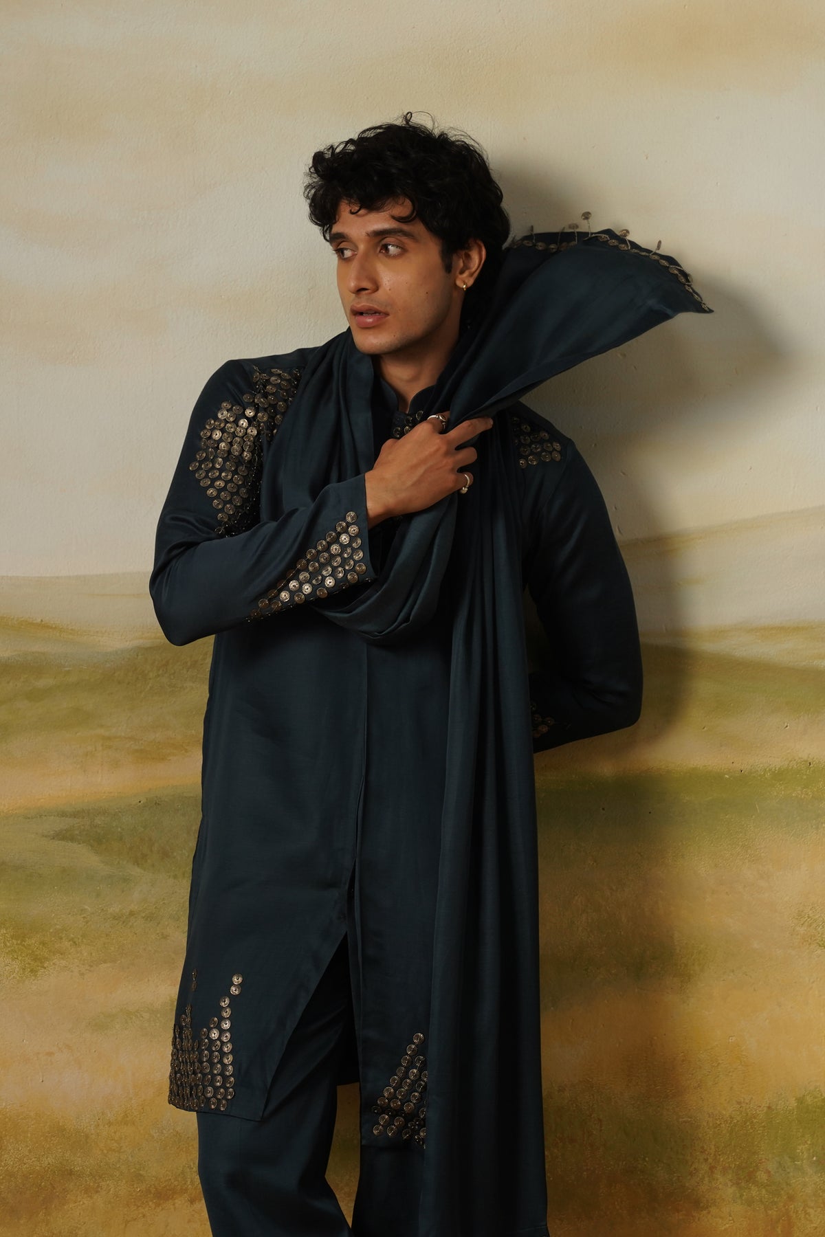 Sikka Teal Coin Metal Work Kurta Set With Dupatta