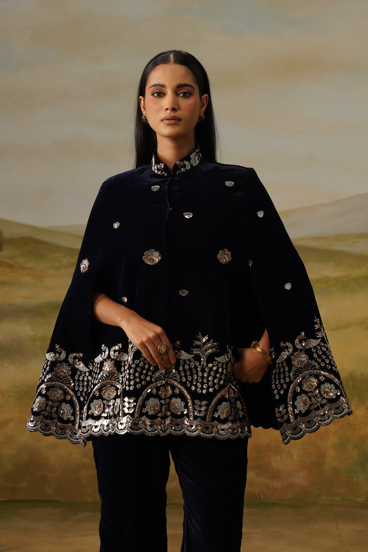 Morni Navy Velvet Sequin Beadwork Cape