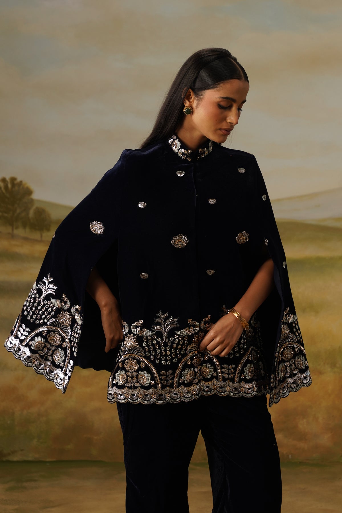 Morni Navy Velvet Sequin Beadwork Cape