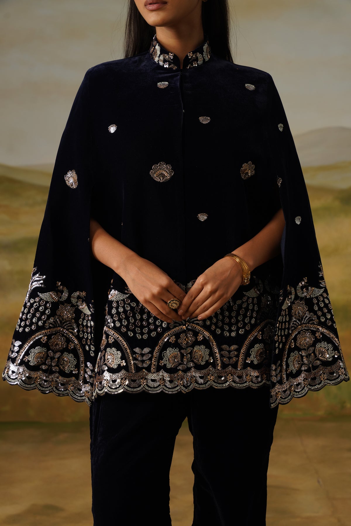 Morni Navy Velvet Sequin Beadwork Cape