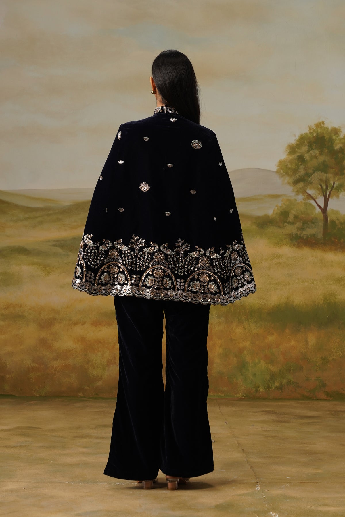 Morni Navy Velvet Sequin Beadwork Cape