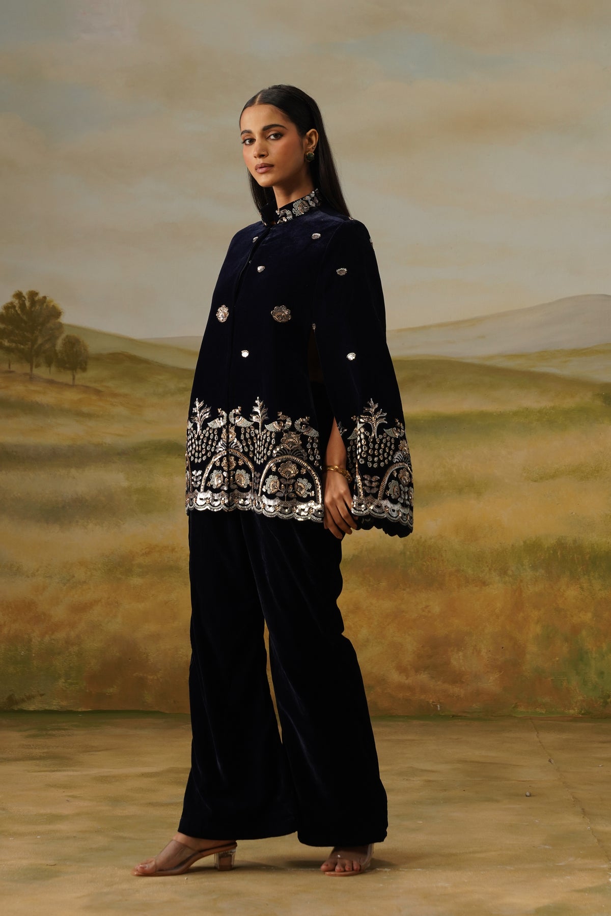 Morni Navy Velvet Sequin Beadwork Cape