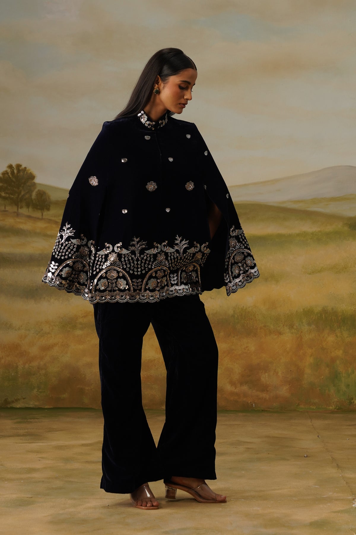 Morni Navy Velvet Sequin Beadwork Cape