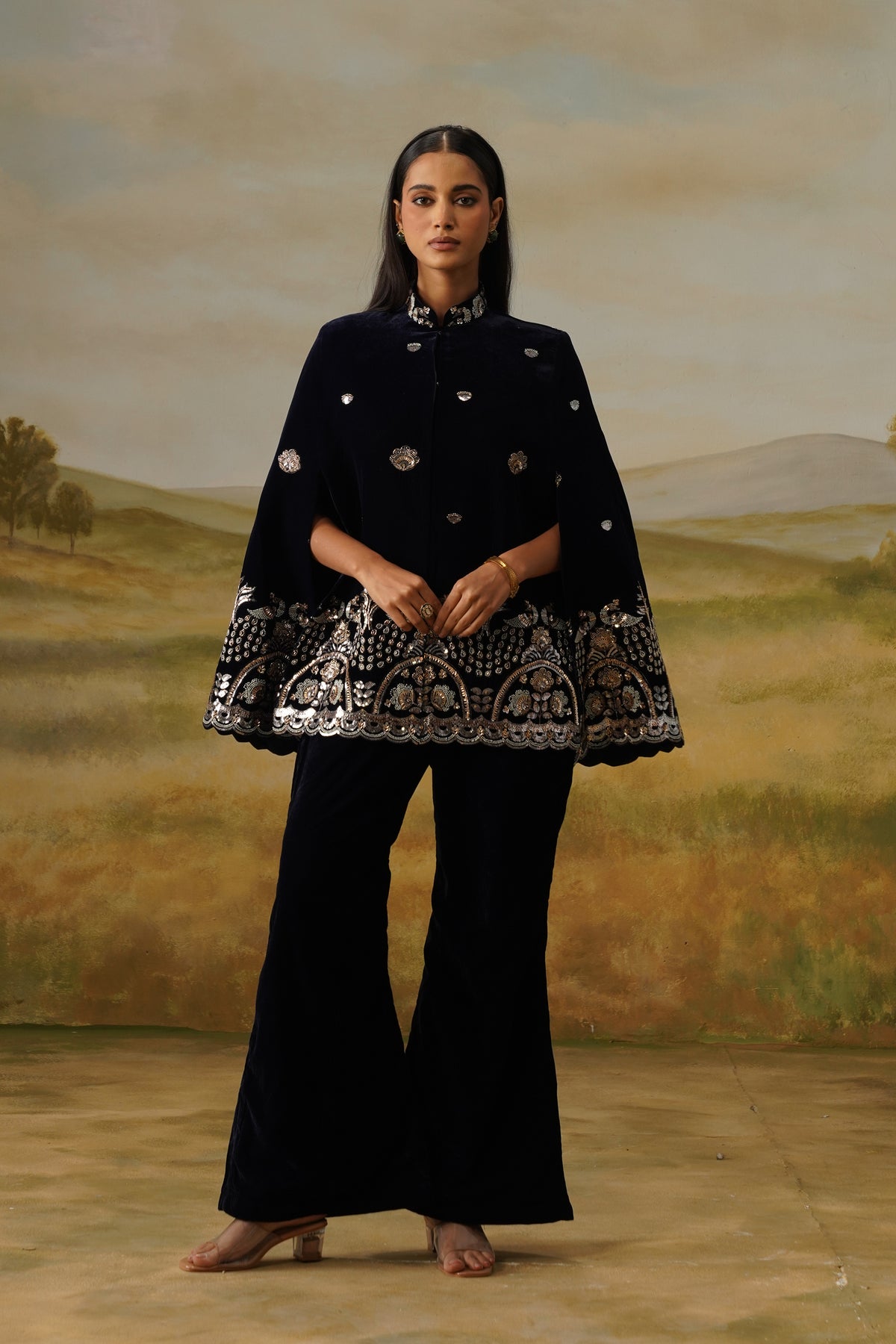 Morni Navy Velvet Sequin Beadwork Cape