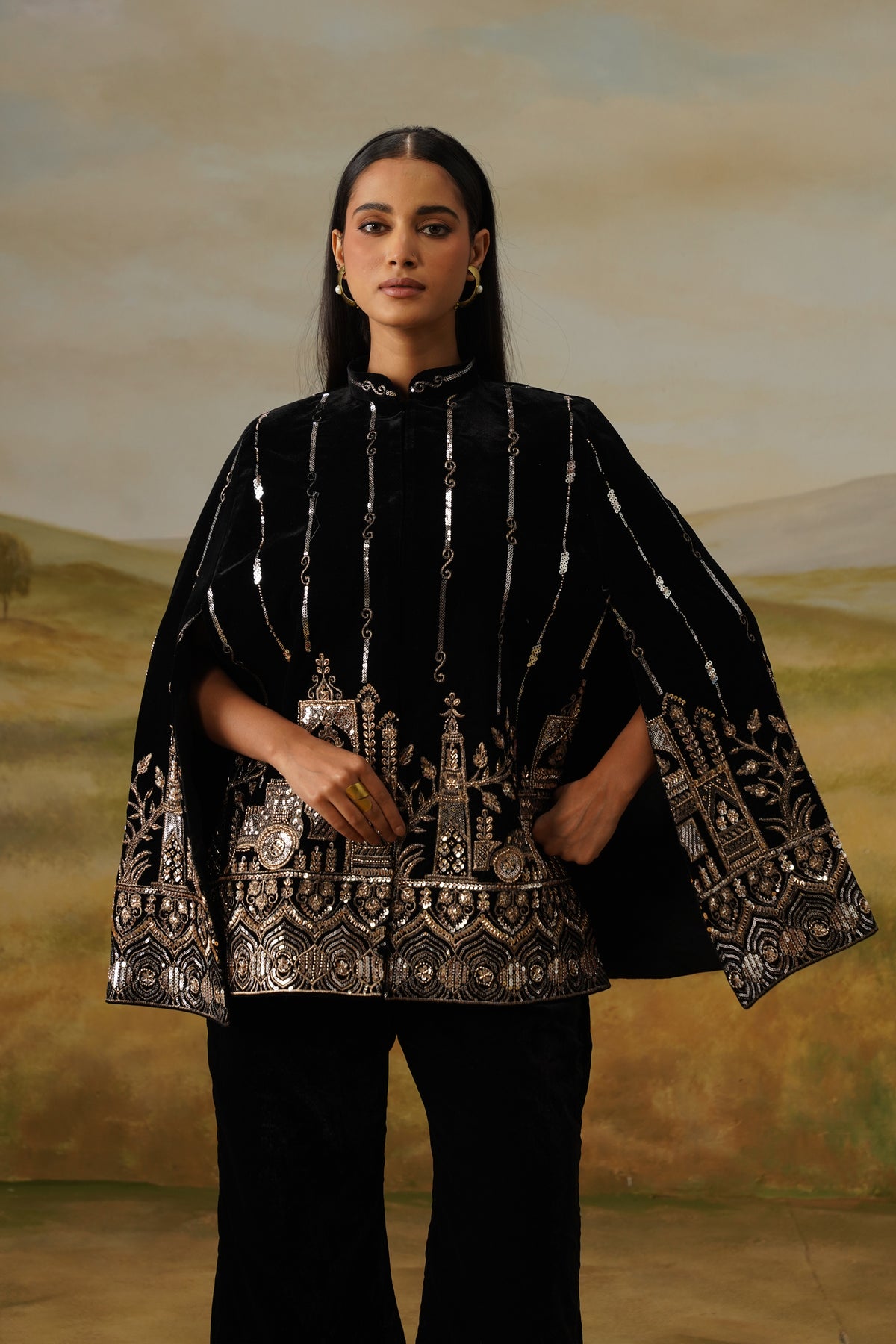 Haveli Black Velvet Bead Embroidered Cape