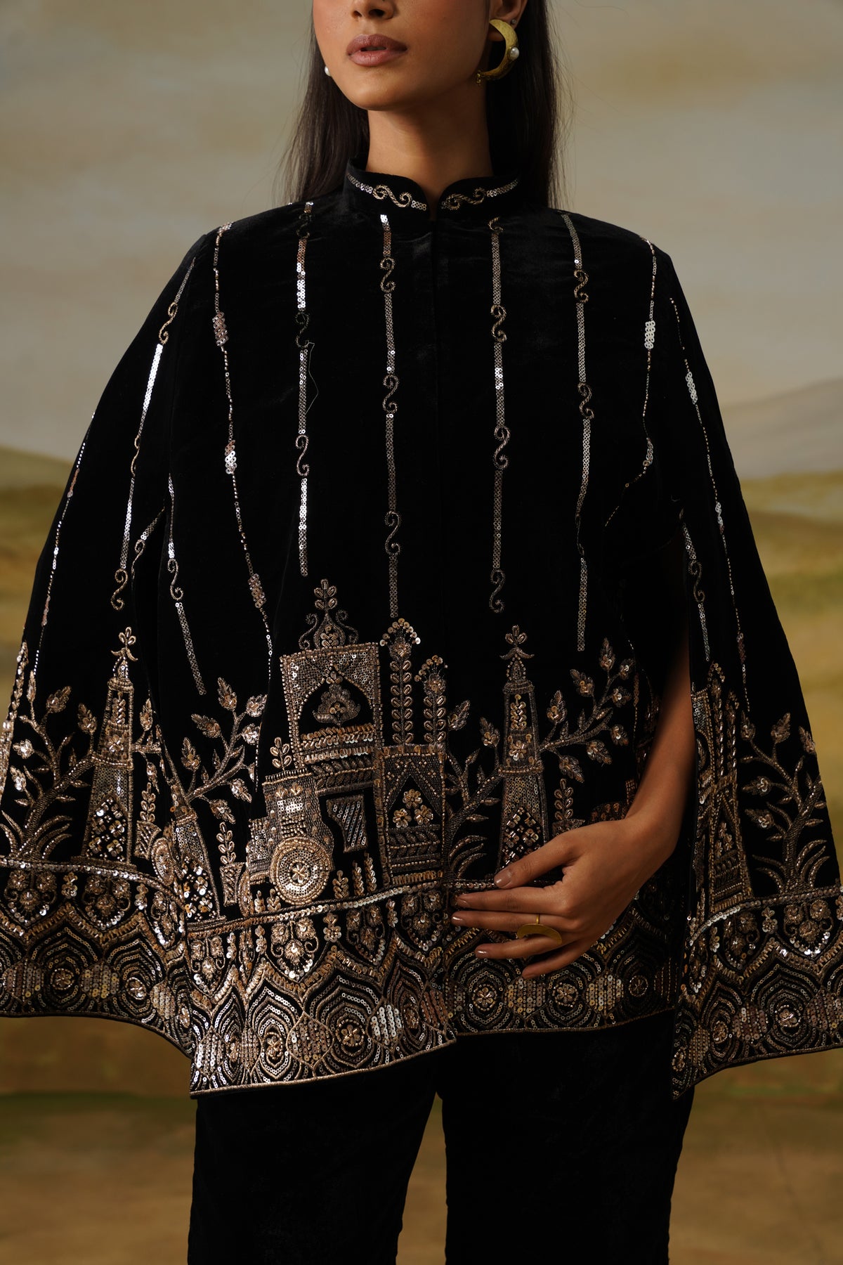 Haveli Black Velvet Bead Embroidered Cape
