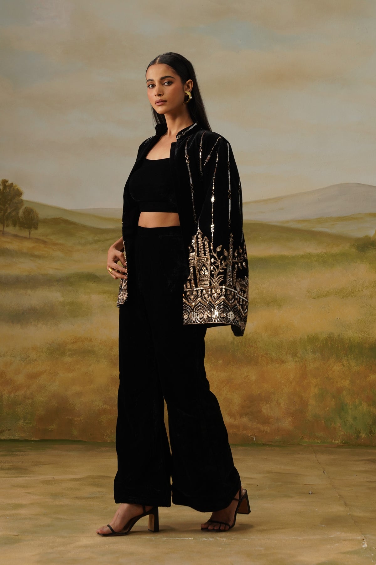 Haveli Black Velvet Bead Embroidered Cape