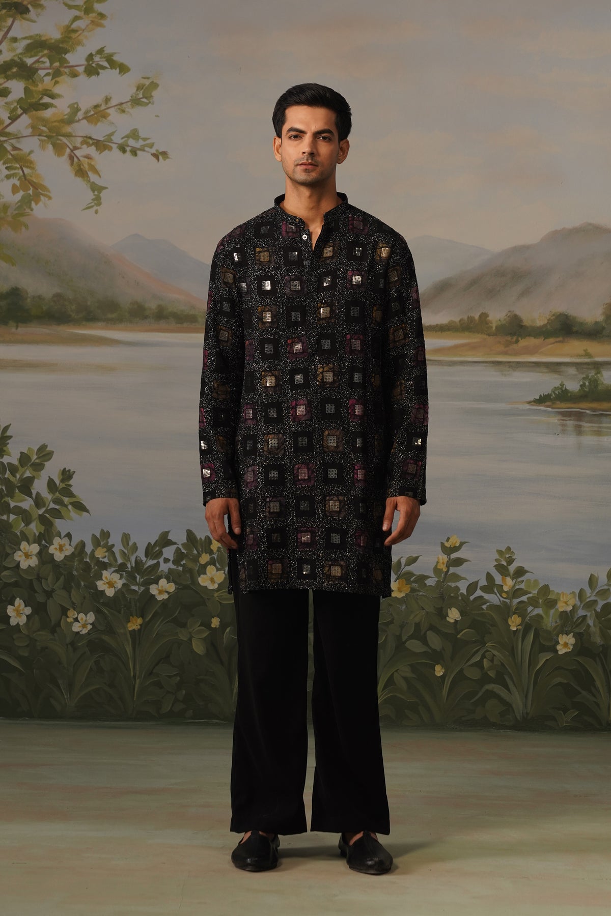 Tariq Black Hand Print Sequin Kurta Set