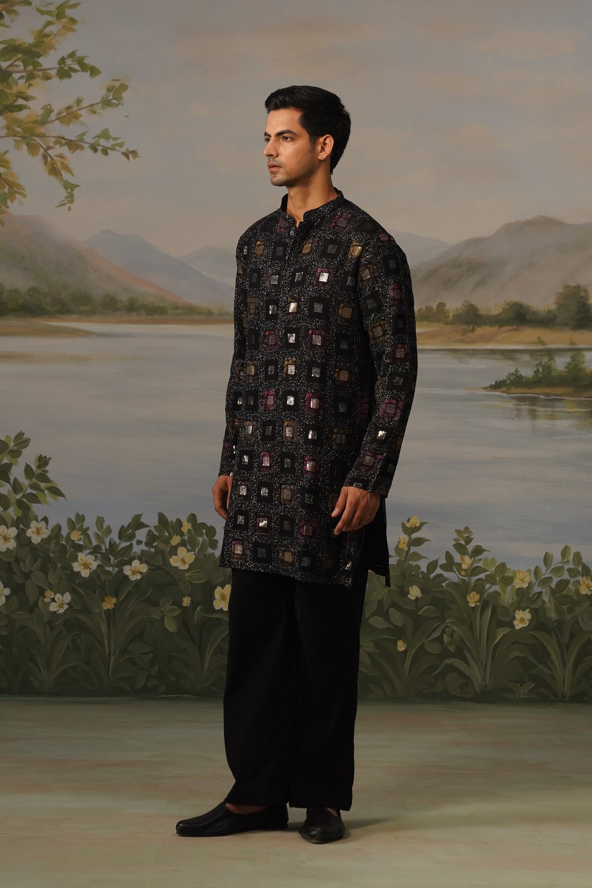 Tariq Black Hand Print Sequin Kurta Set