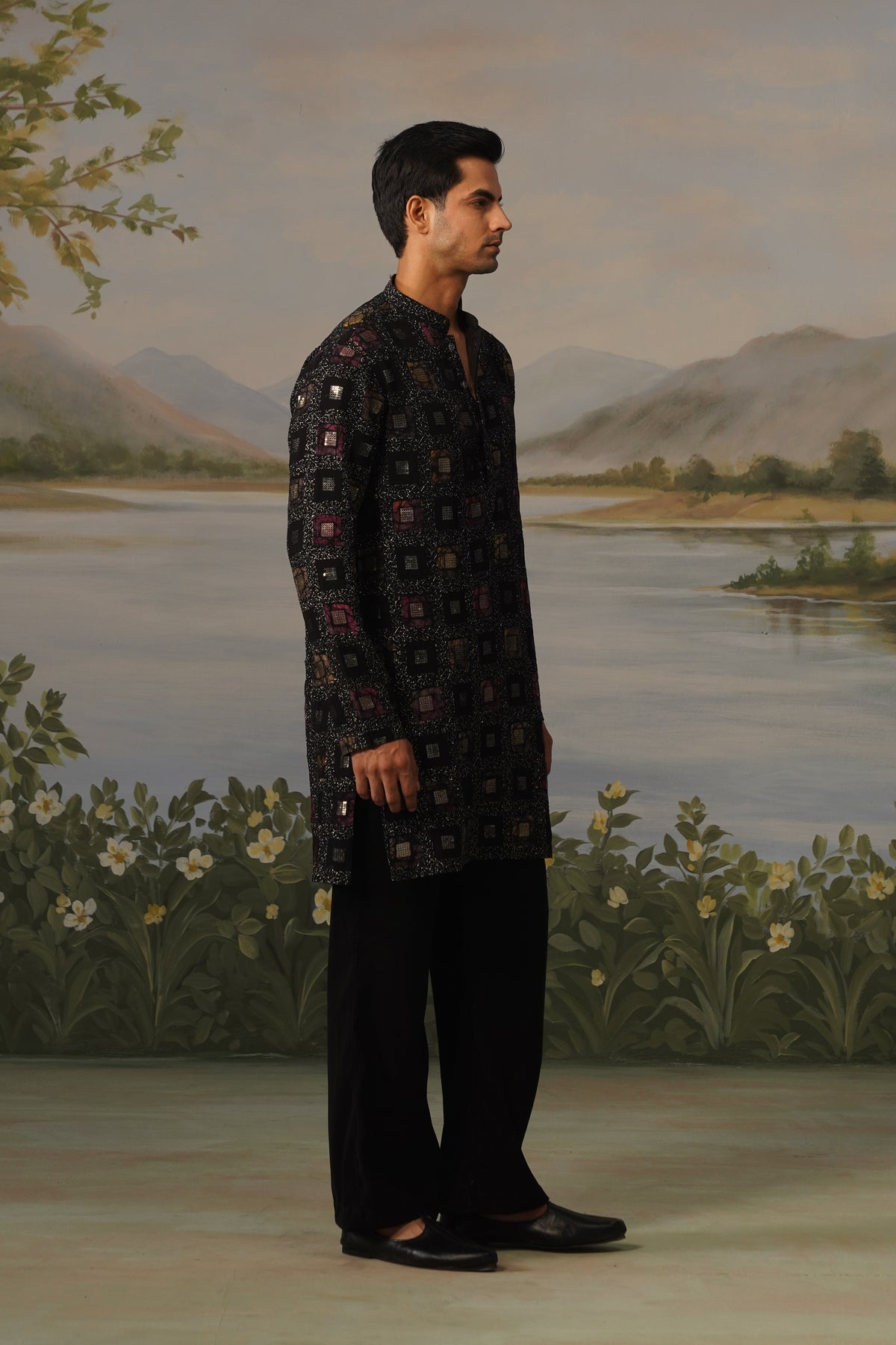 Tariq Black Hand Print Sequin Kurta Set