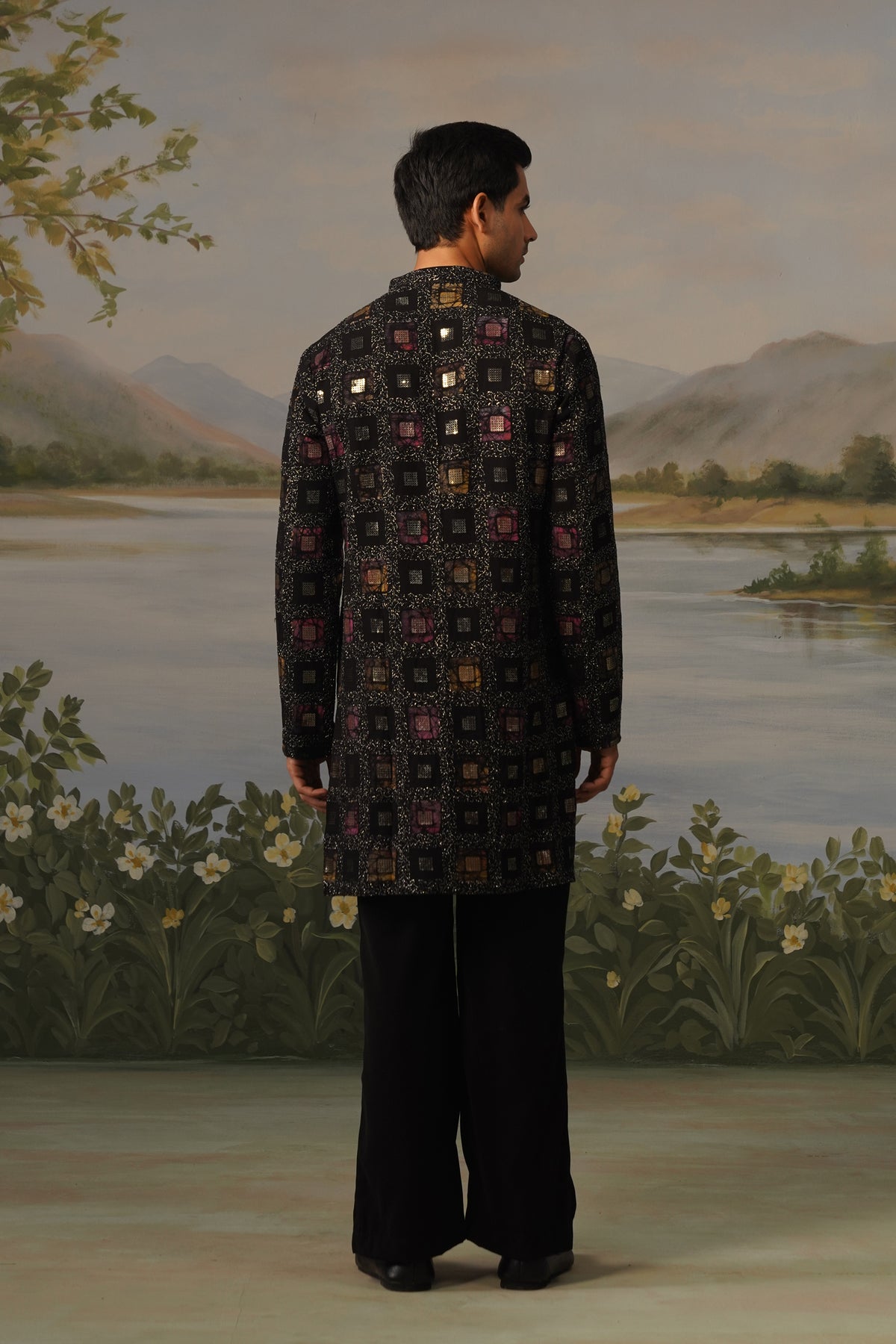 Tariq Black Hand Print Sequin Kurta Set