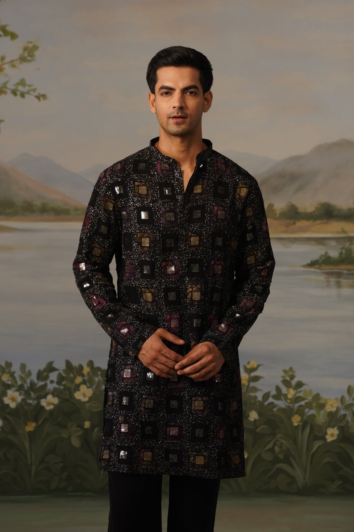 Tariq Black Hand Print Sequin Kurta Set