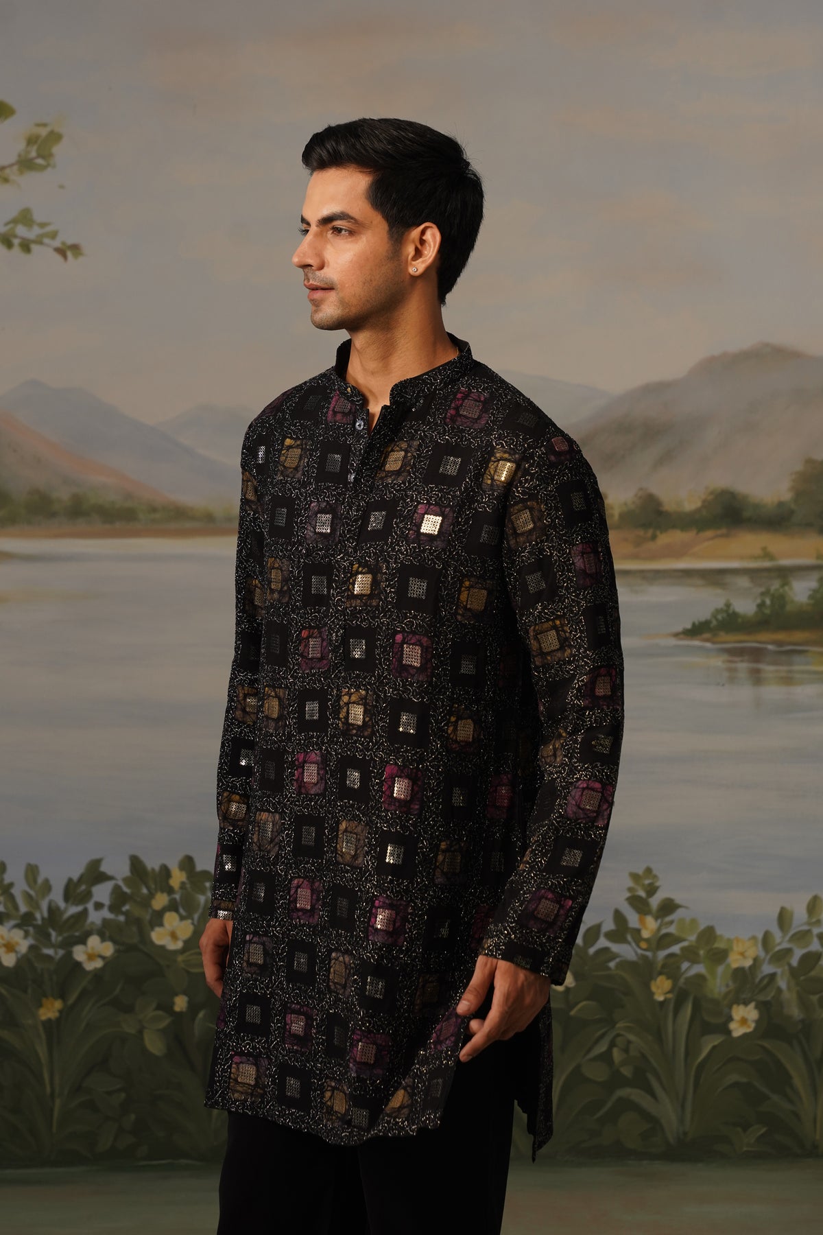 Tariq Black Hand Print Sequin Kurta Set